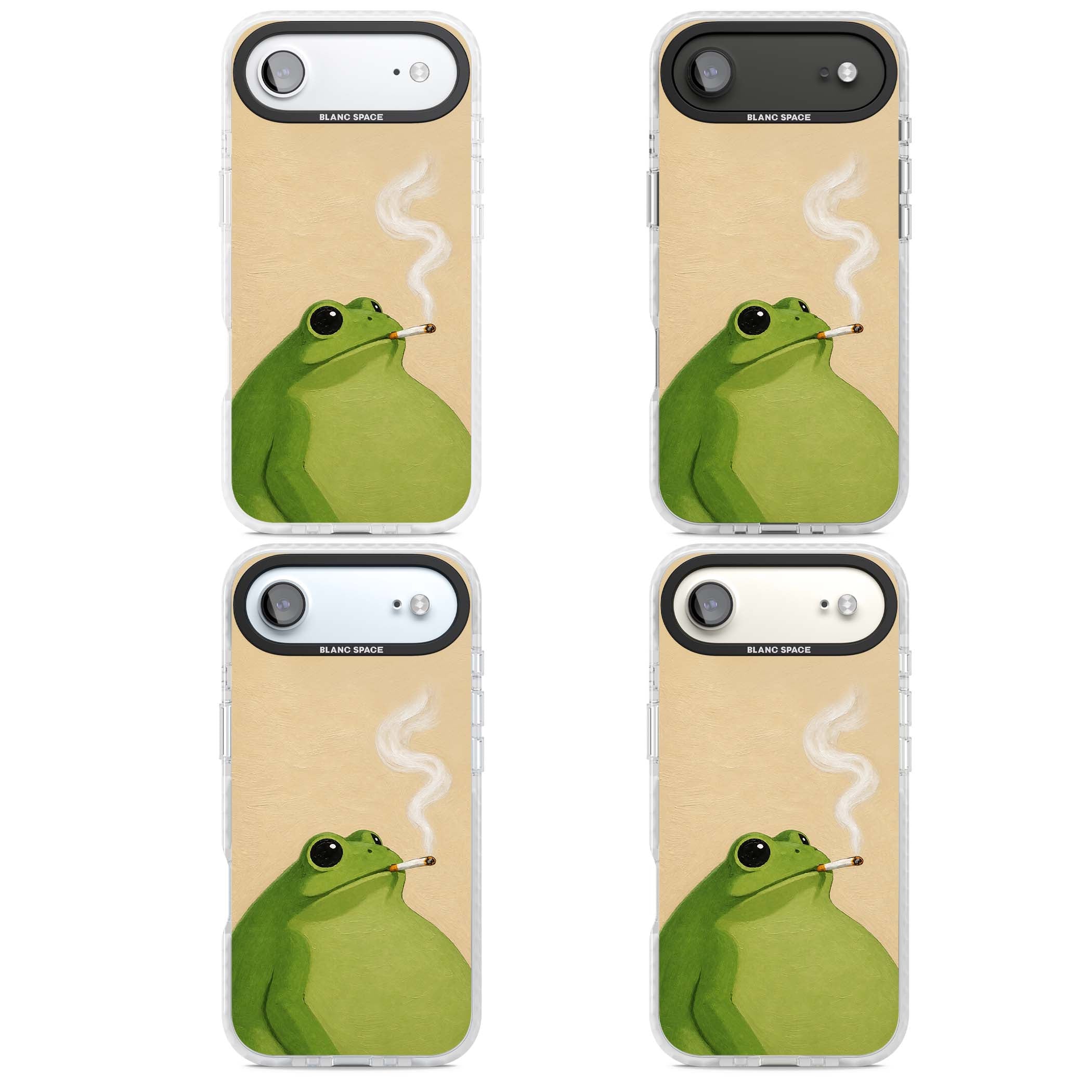 The Smoking Frog cottagecore iPhone case featuring a hand-painted green frog smoking a cigarette on a cream oil painting back | Impact Magsafe case for iPhone Air