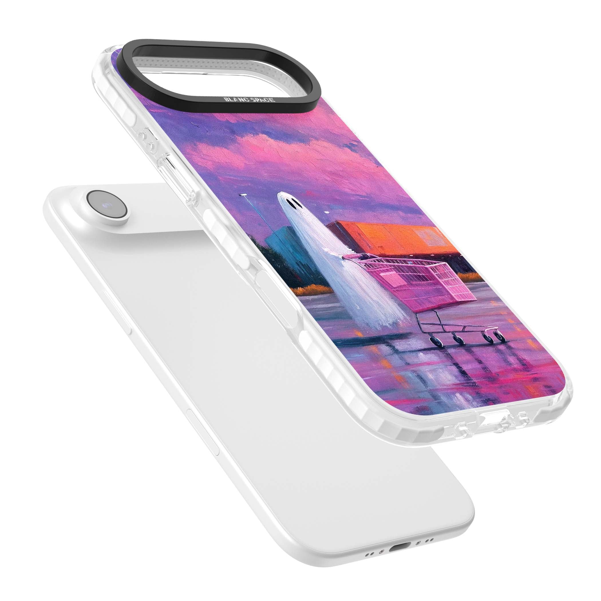 A Ghost's Errand ghost halloween iPhone case featuring a painted ghost, pink shopping trolley and purple sunset sky | Impact Magsafe case for iPhone Air