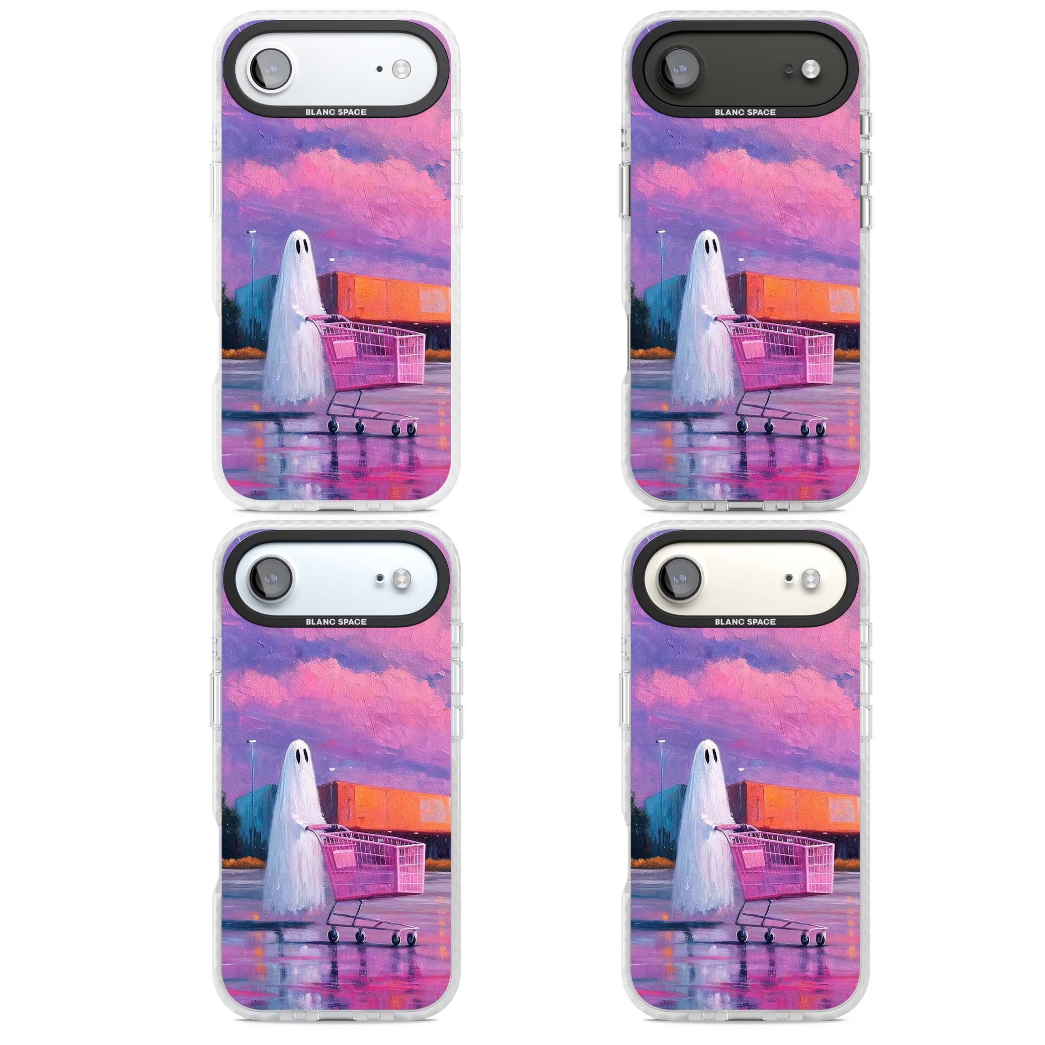 A Ghost's Errand ghost halloween iPhone case featuring a painted ghost, pink shopping trolley and purple sunset sky | Impact Magsafe case for iPhone Air