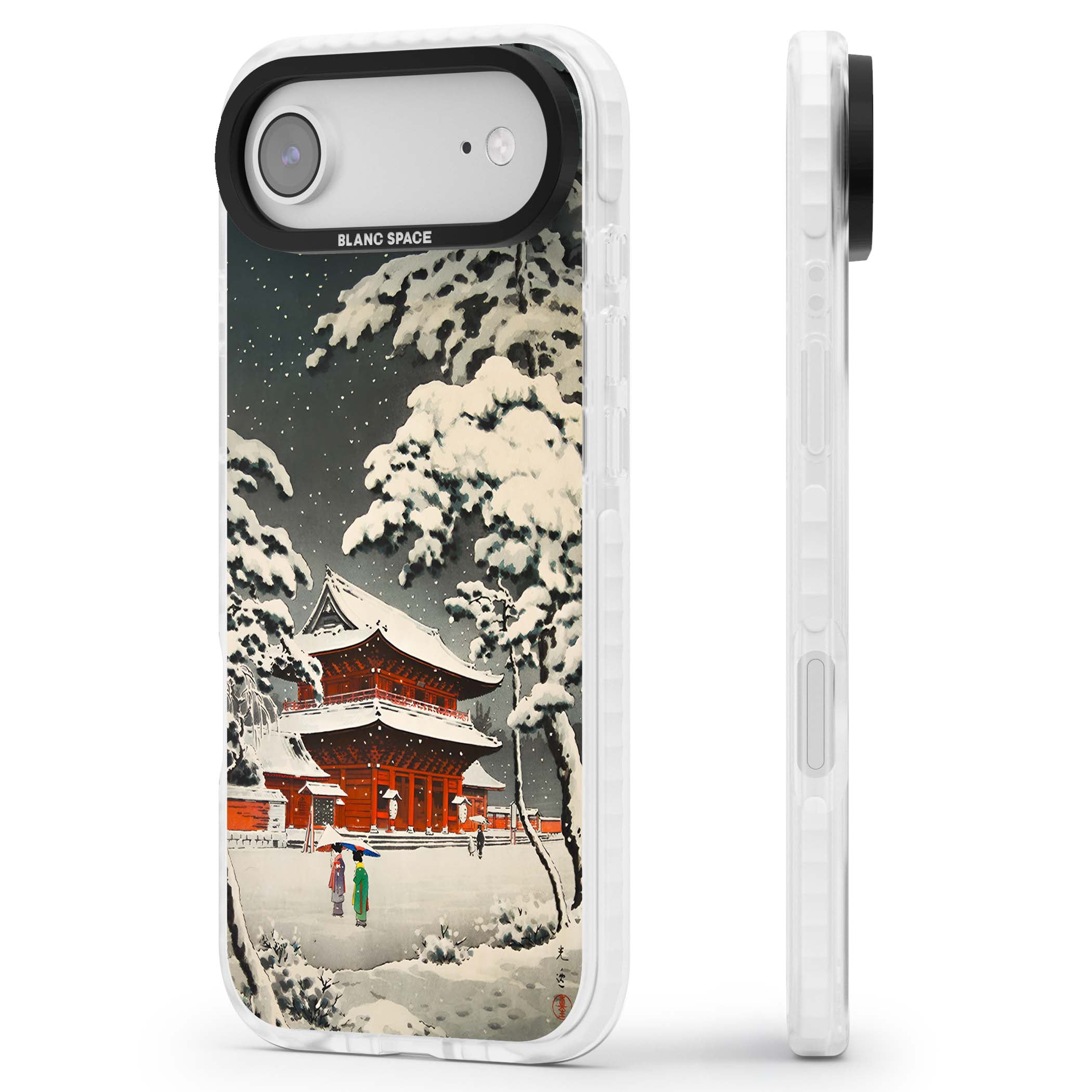 Snow at Shiha Park, Tokyo Japanese art iPhone case featuring a vintage ukiyo-e snowy temple, red pagoda, and snow-covered pin | Impact Magsafe case for iPhone Air