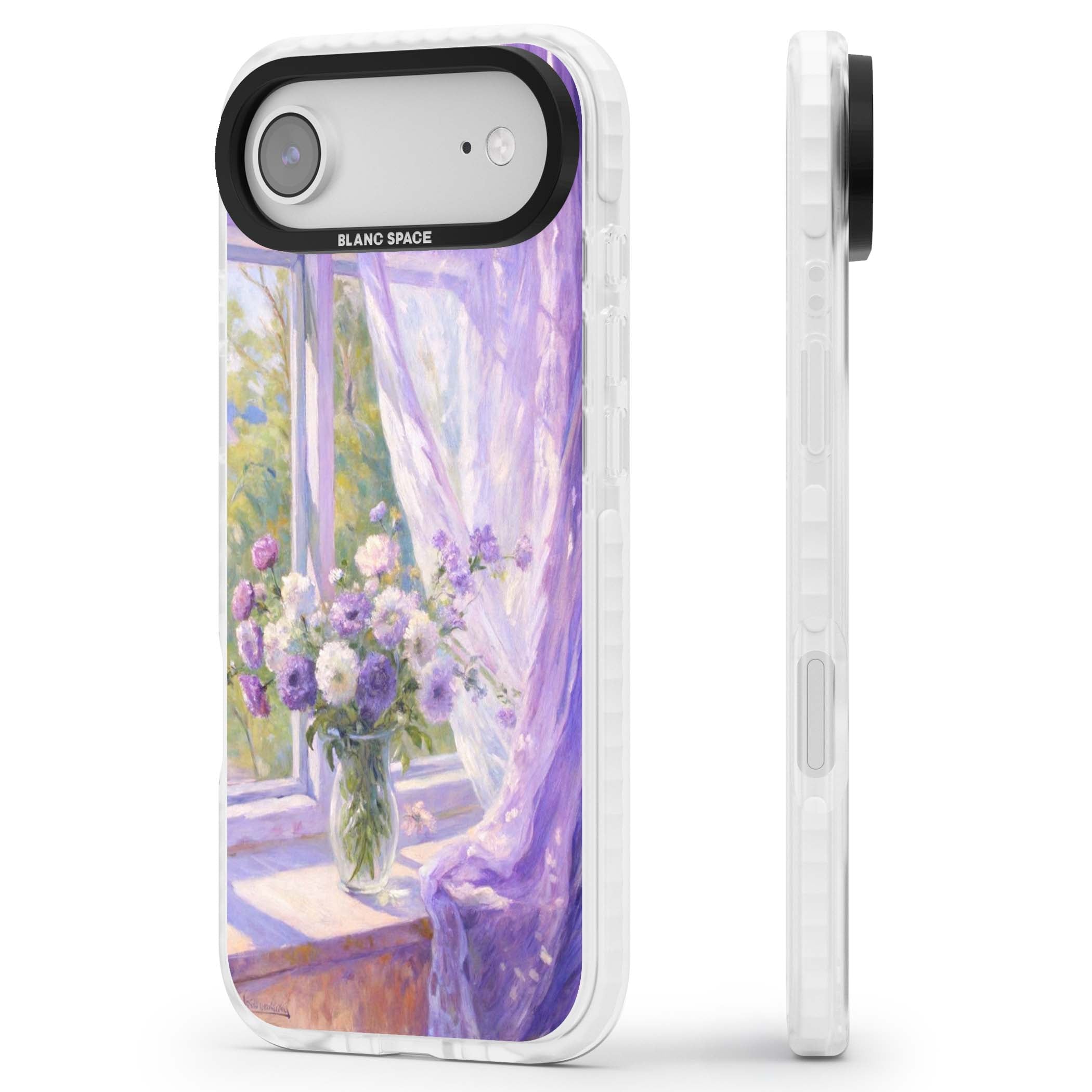 A Provence Morning impressionist art iPhone case featuring a vase of purple flowers, sunlit window and sheer curt | Impact Magsafe case for iPhone Air