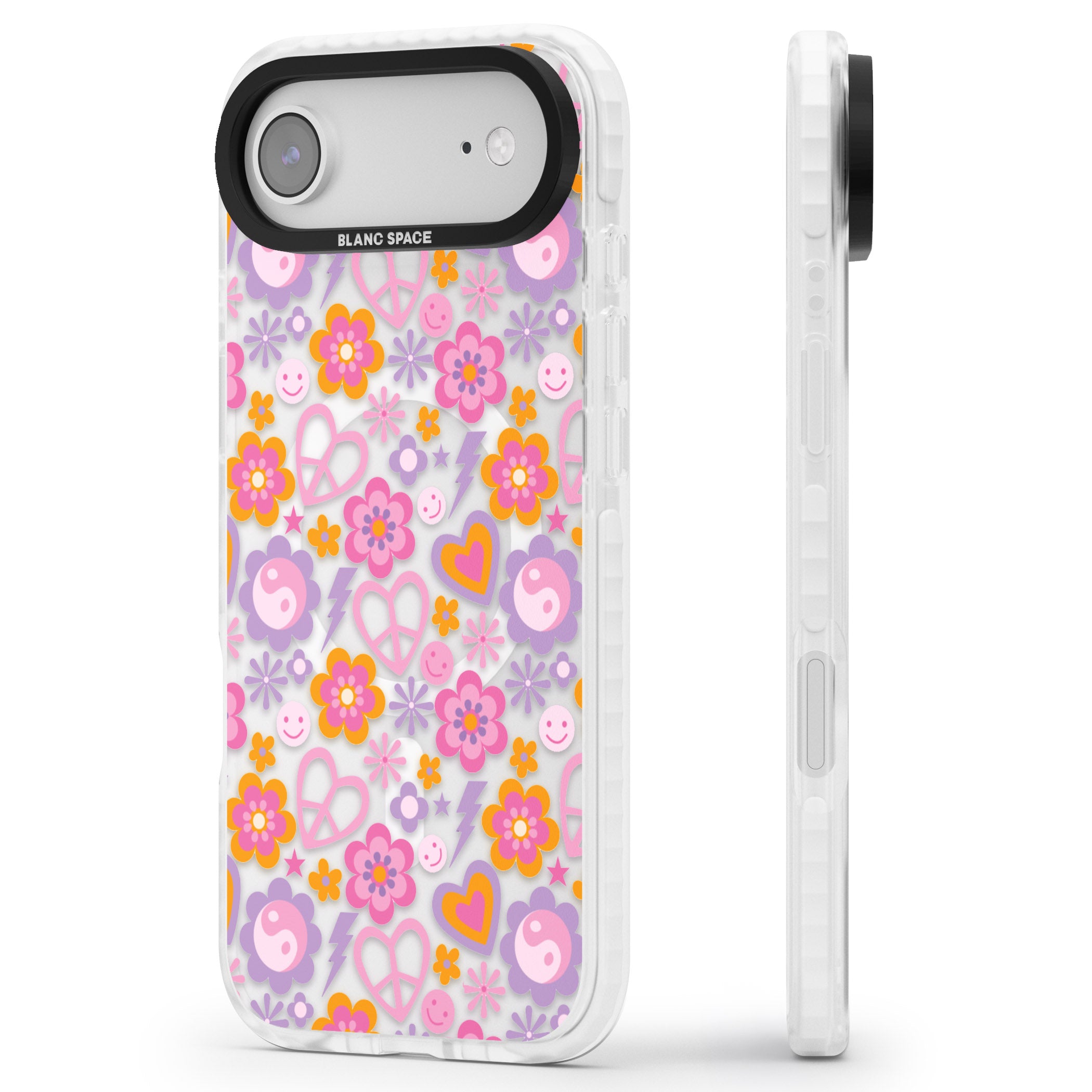 Peace, Love And Flowers Pattern iPhone 17 Air Impact Pro Clear Phone Case Side Profile