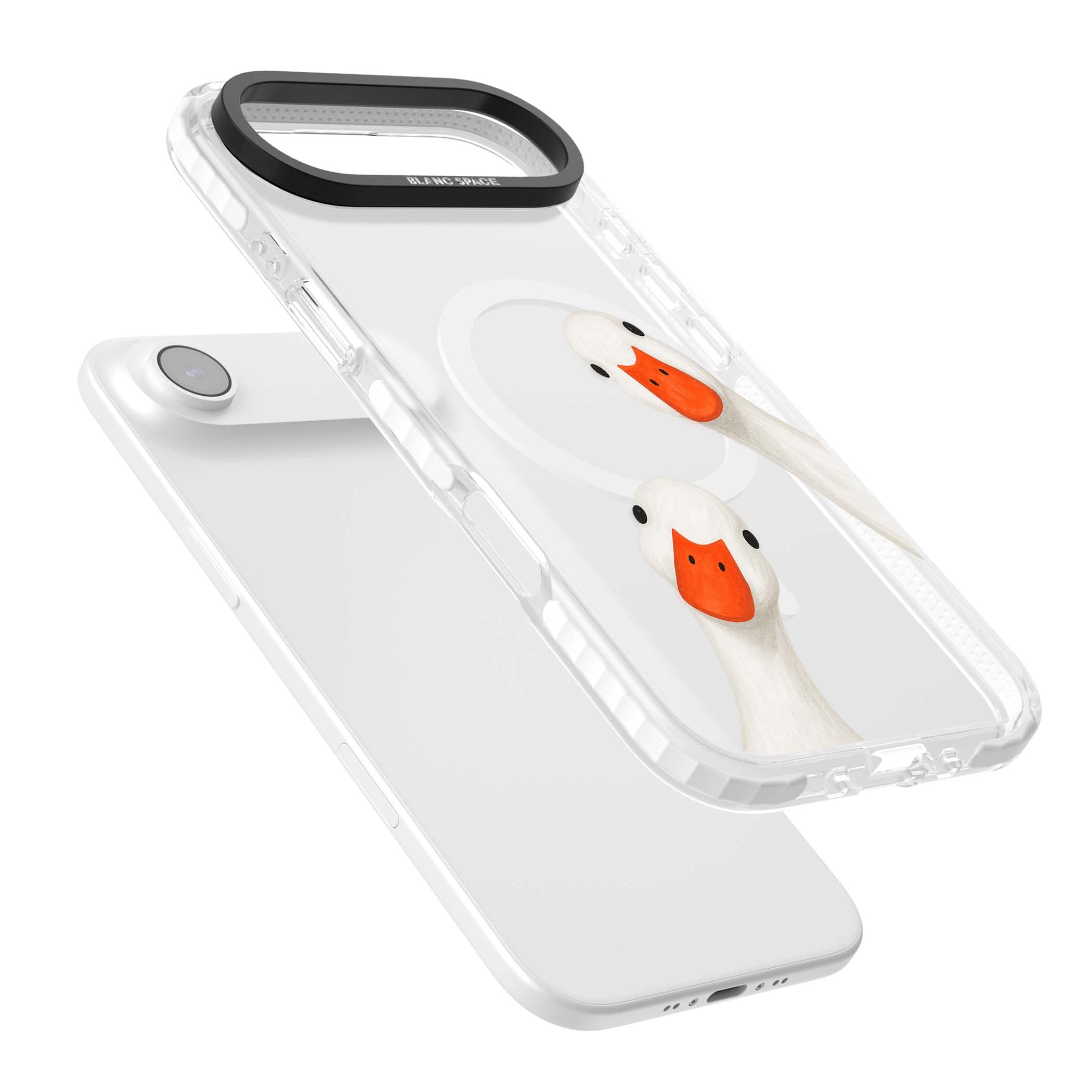 Nosy Ducks cottagecore iPhone case featuring two peeking white ducks with orange beaks on a clear background | Impact Magsafe case for iPhone Air
