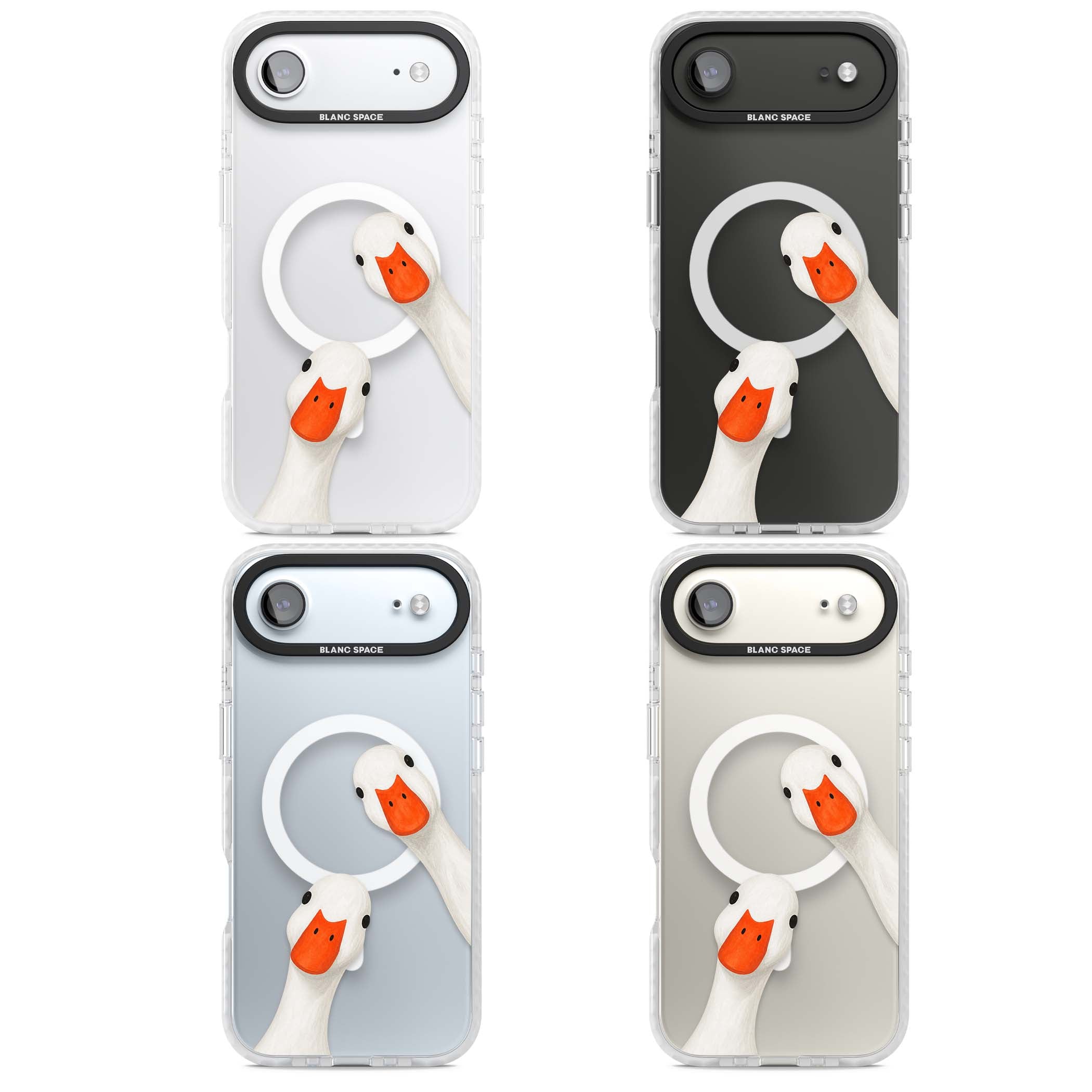 Nosy Ducks cottagecore iPhone case featuring two peeking white ducks with orange beaks on a clear background | Impact Magsafe case for iPhone Air