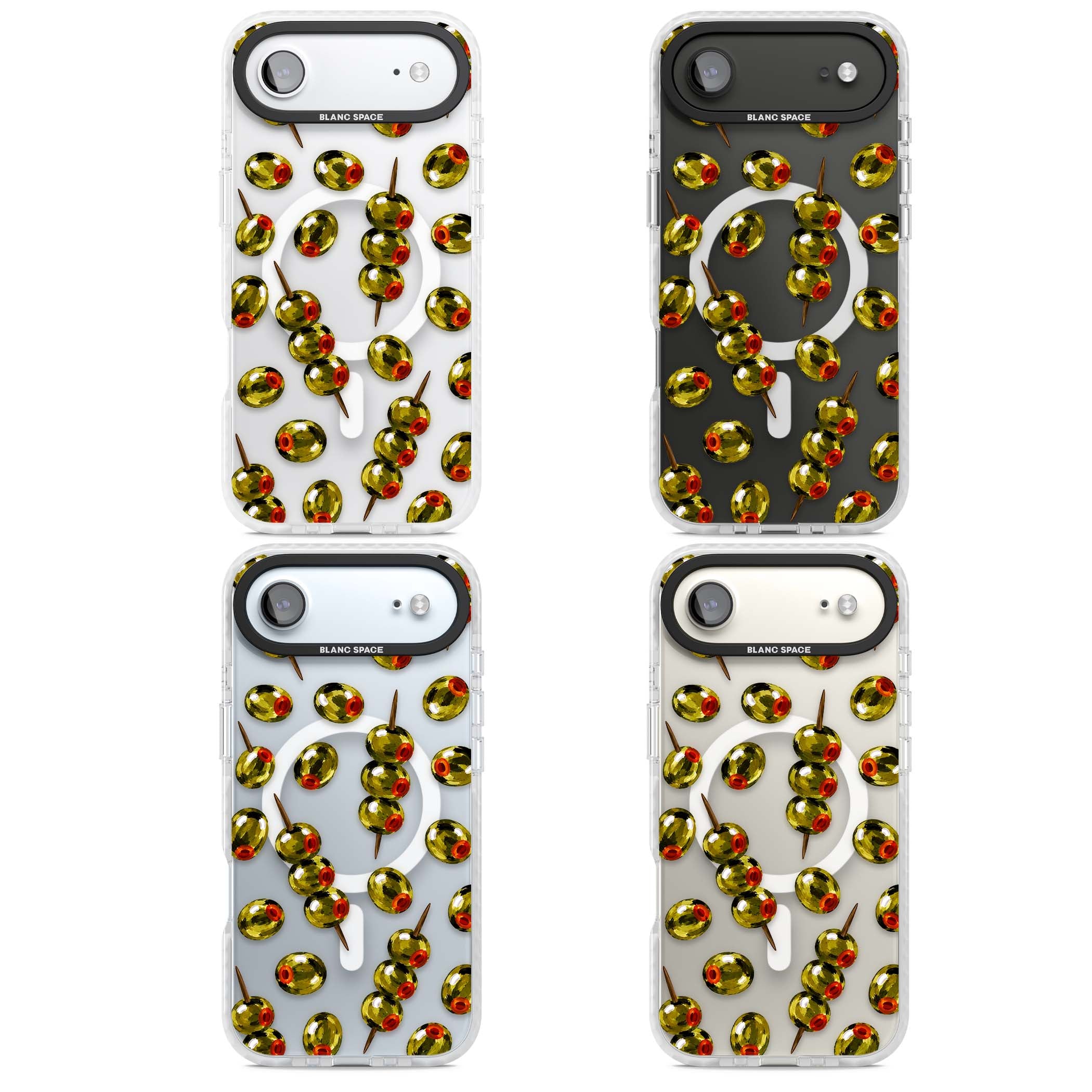 Painted Olives cocktail iPhone case featuring green olives, pimento centres and toothpick skewers on a clear background | Impact Magsafe case for iPhone Air