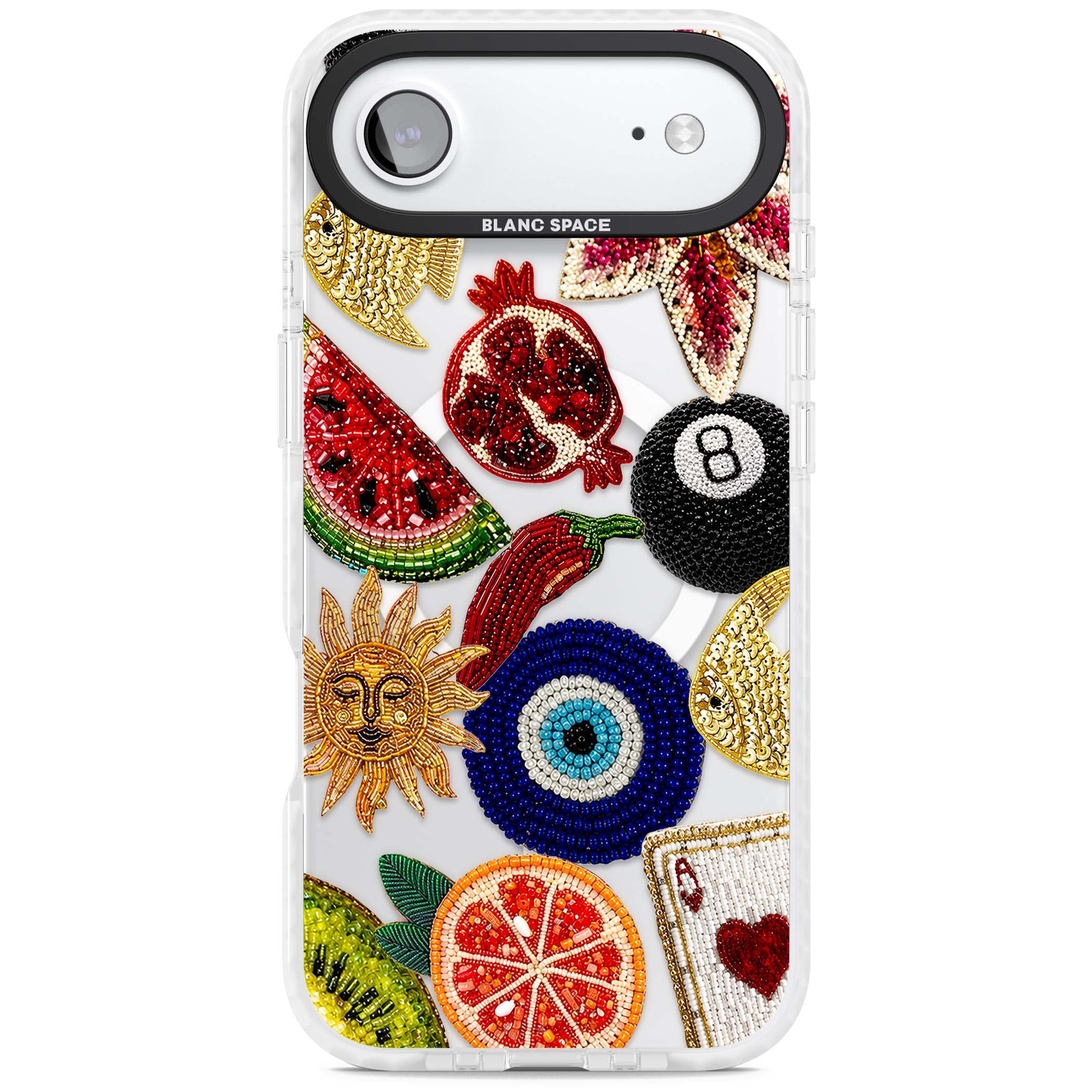 Beaded Charms embroidery iPhone case featuring beaded evil eye, fruit patches and a golden sun motif | Impact Magsafe case for iPhone Air