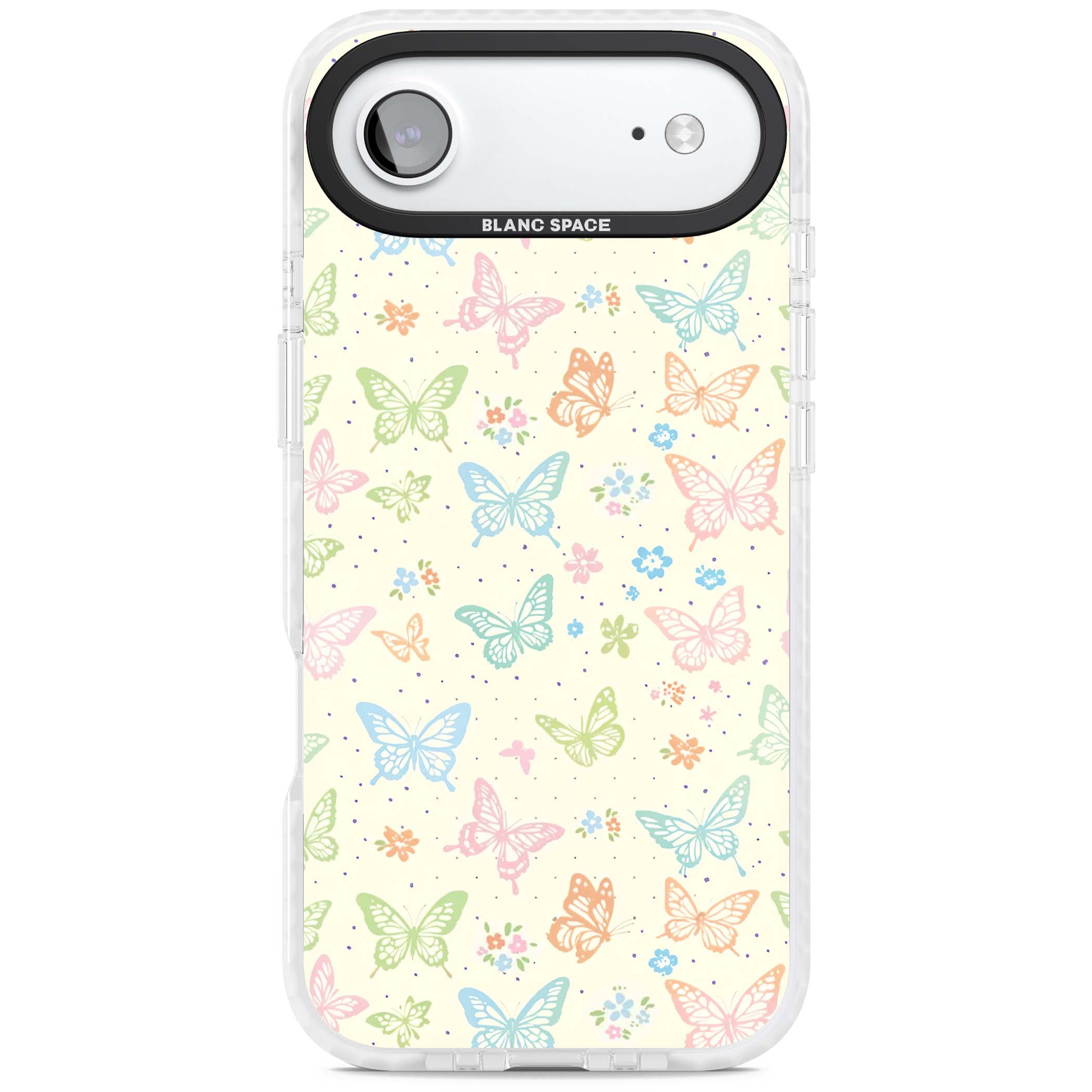 Sugar Wings cottagecore iPhone case featuring rainbow pastel butterflies, tiny wildflowers, and a cream background | Impact Magsafe case for iPhone Air