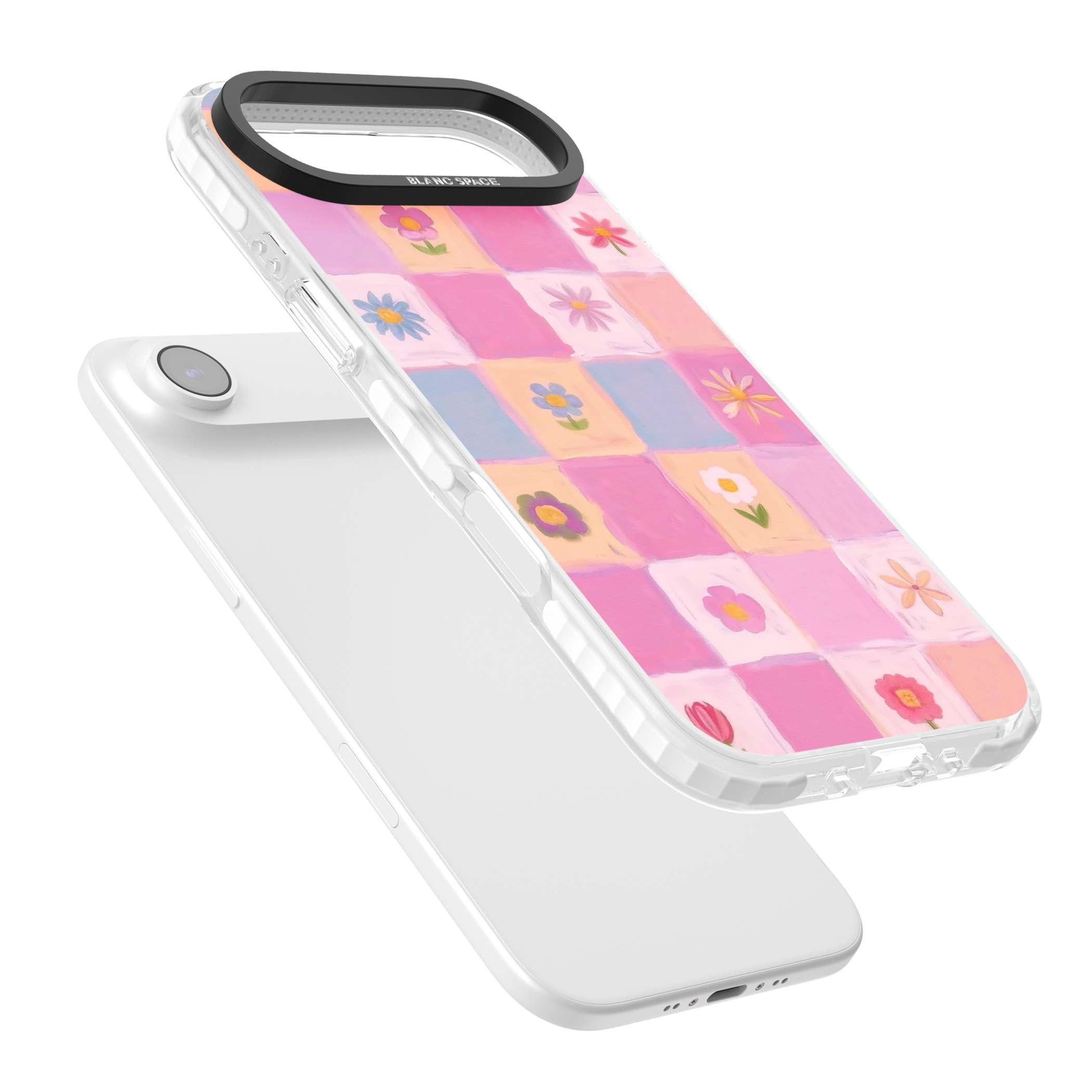 Pastel Flower Patchwork cottagecore iPhone case featuring painted pink and lilac squares with daisies and wildflowers | Impact Magsafe case for iPhone Air