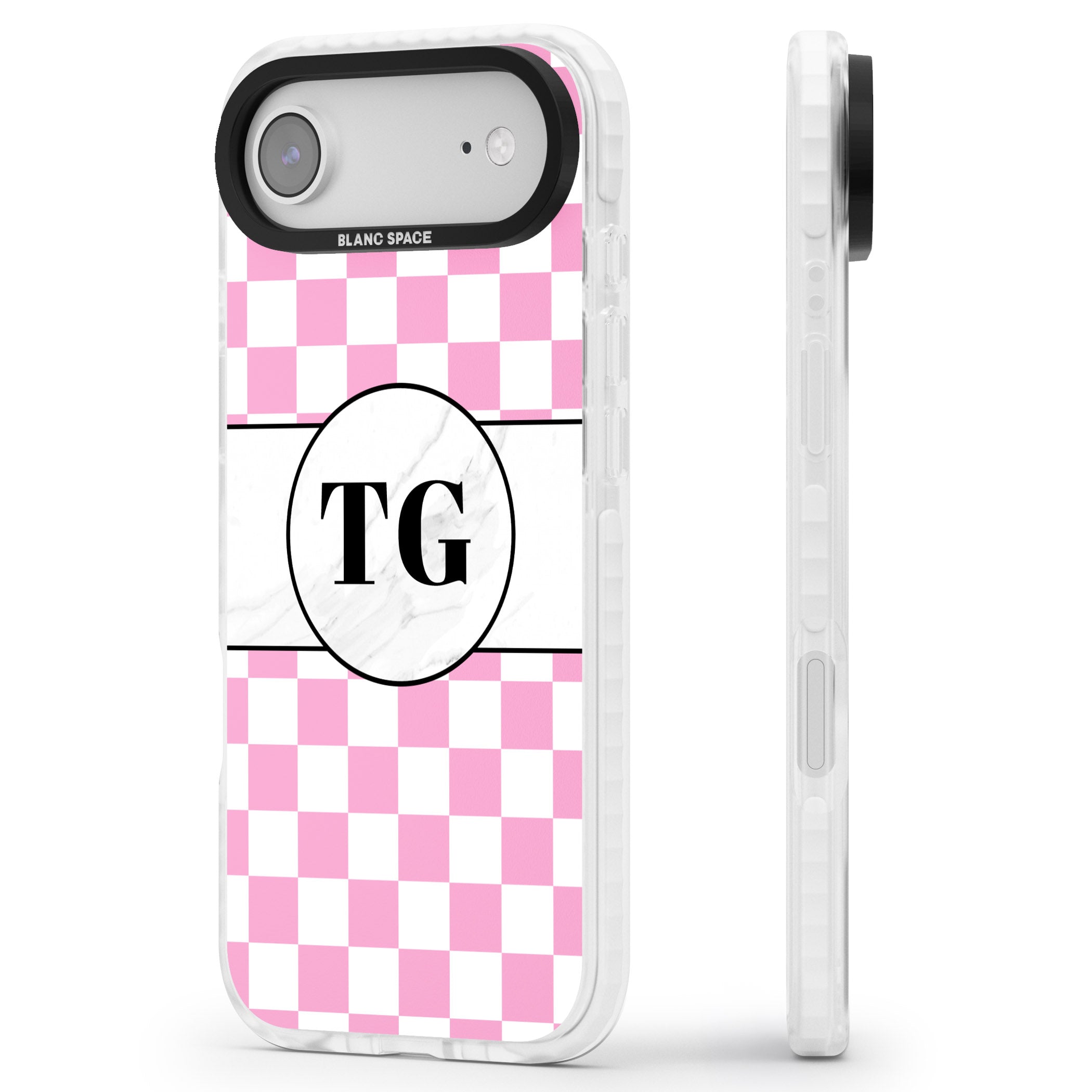 Personalised Monogrammed Pink Check iPhone 17 Air Impact Pro Clear Phone Case Side Profile