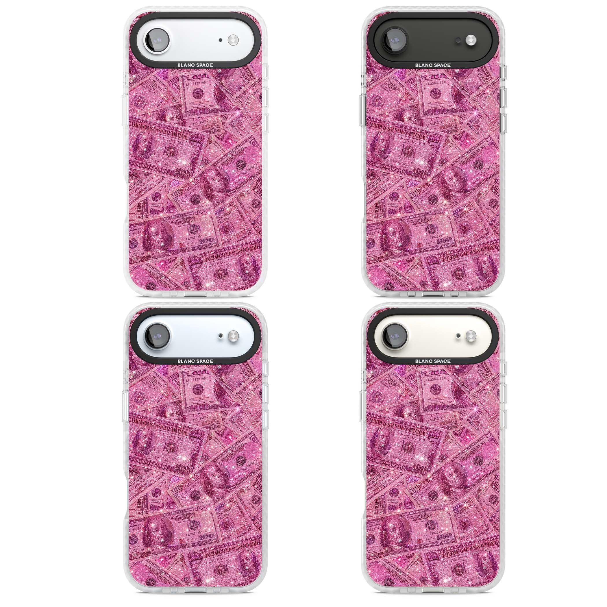 Glamorous baddie iPhone case featuring pink glitter hundred dollar bills and sparkling money wallpaper design | Impact Magsafe case for iPhone Air