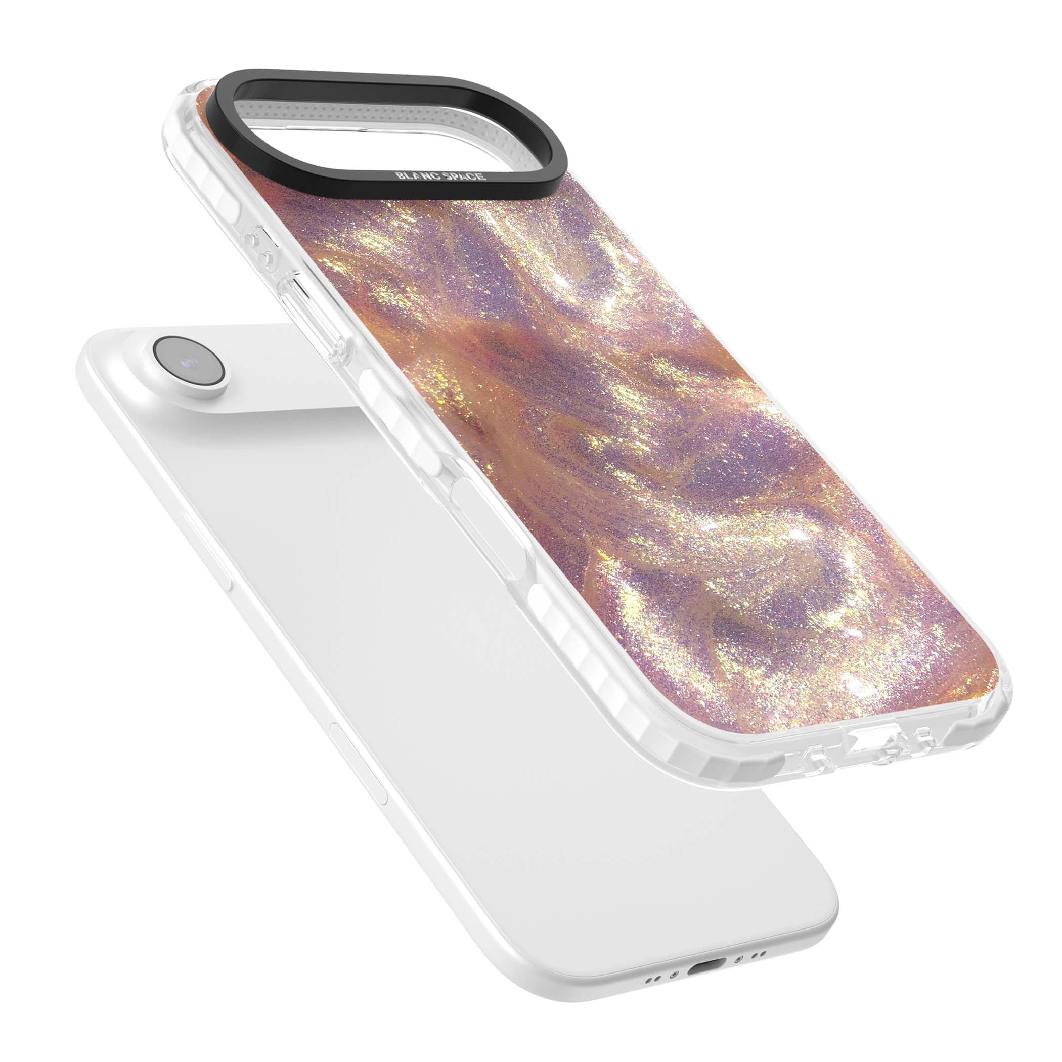 Shimmer marble iPhone case featuring rose gold glitter swirls, lilac shimmer and iridescent pearl finish | Impact Magsafe case for iPhone Air