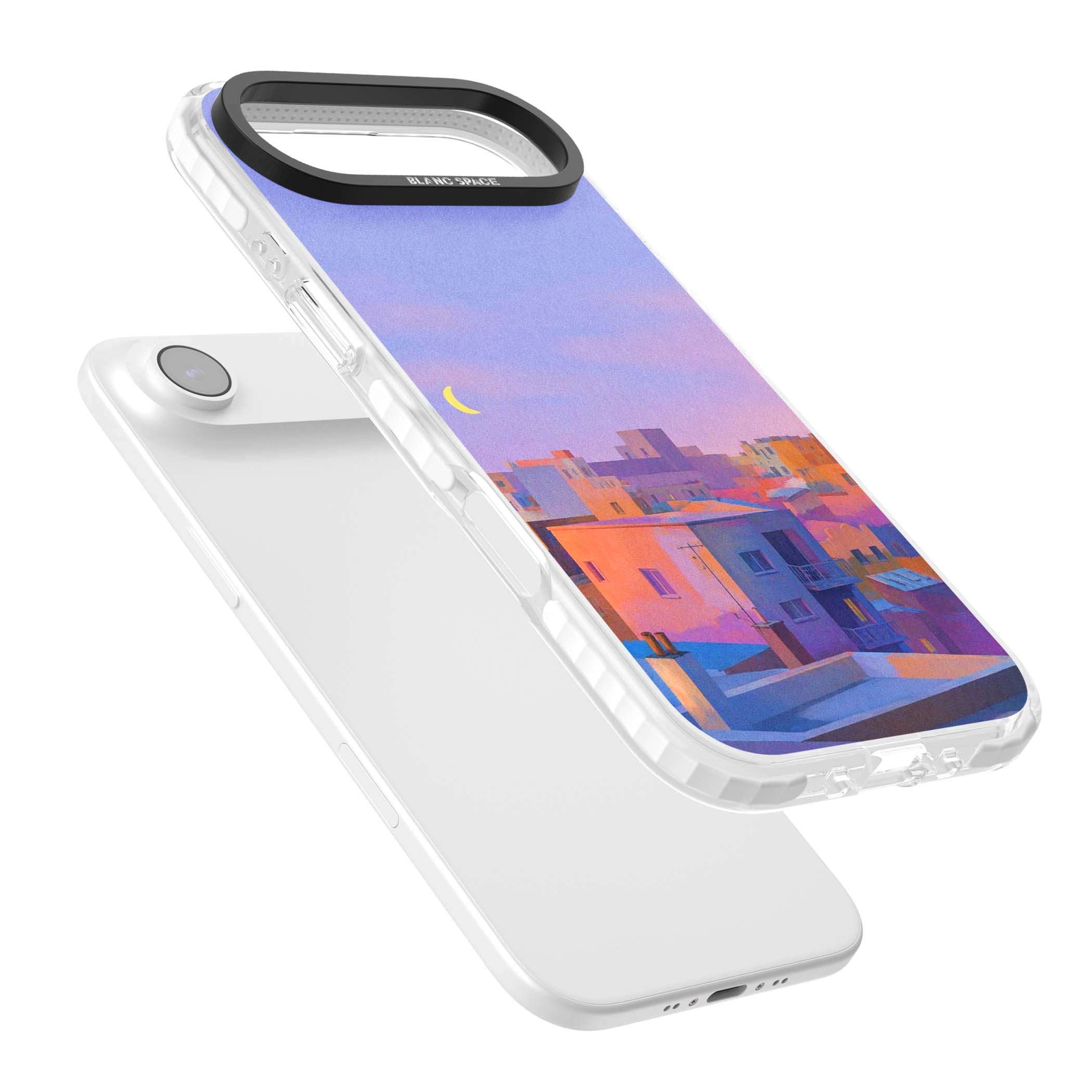 Twilight Rooftops vaporwave iPhone case featuring a pastel sunset cityscape, painted rooftops and a crescent moon. | Impact Magsafe case for iPhone Air