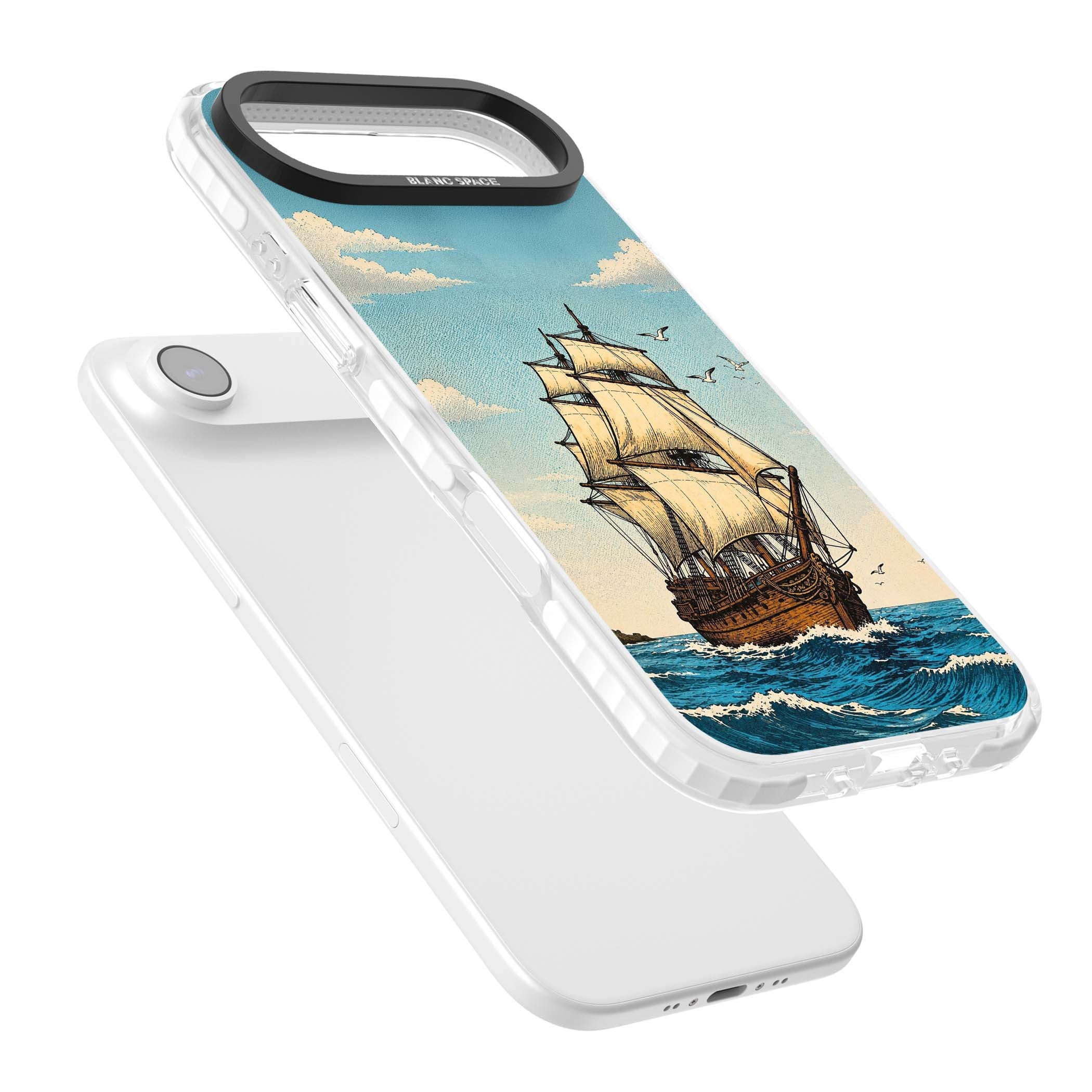Ship at Sea nautical iPhone case featuring a vintage tall ship, ocean waves and seagulls | Impact Magsafe case for iPhone Air