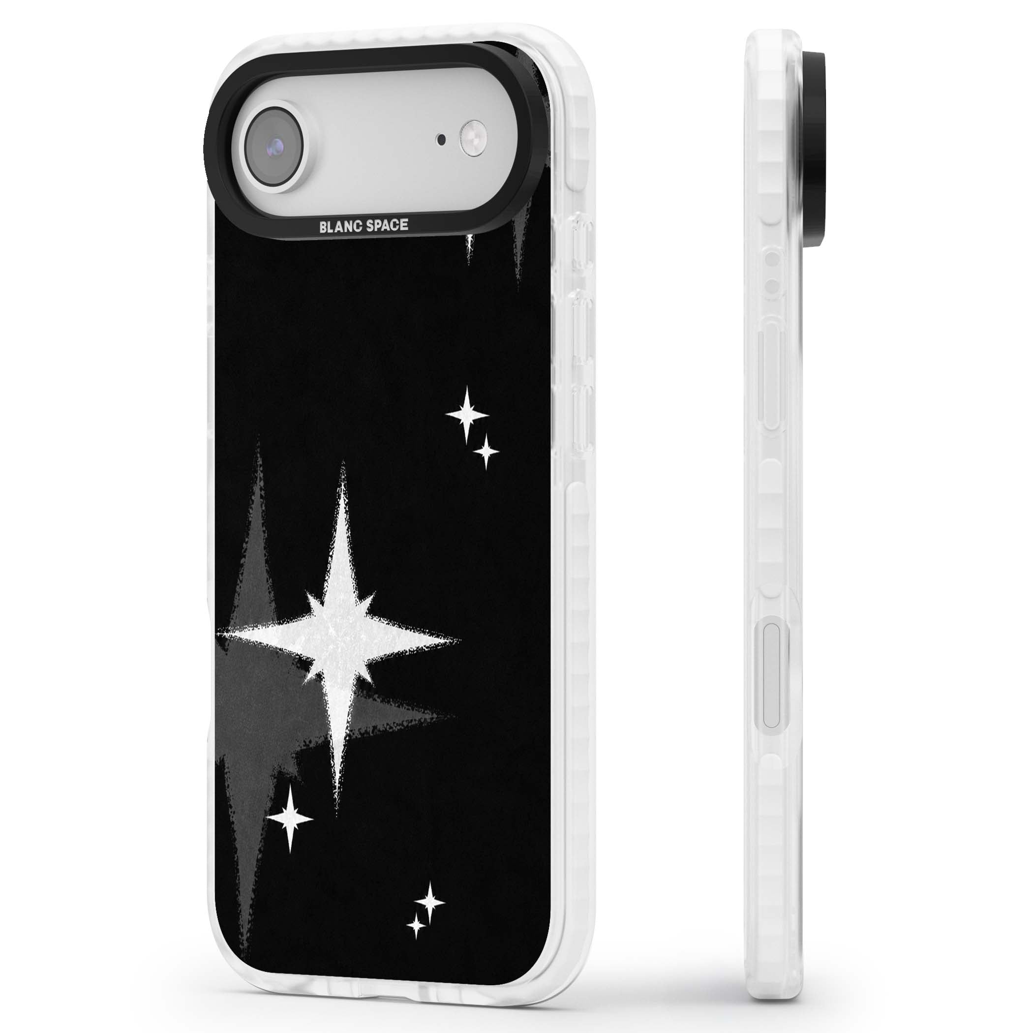 Black Sparkle celestial iPhone case featuring white sparkle stars on a black night sky background | Impact Magsafe case for iPhone Air