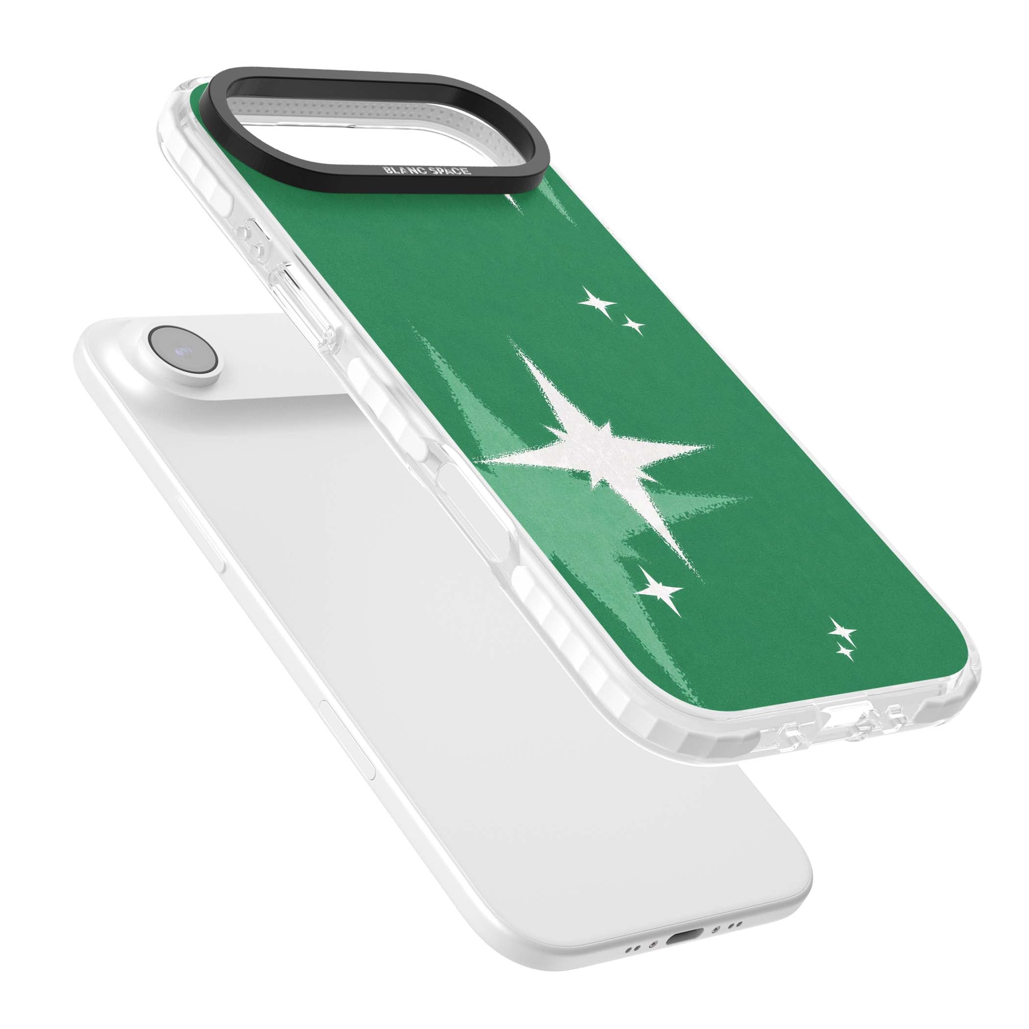Green Sparkle celestial iPhone case featuring sparkling white four-point stars on a deep green background | Impact Magsafe case for iPhone Air
