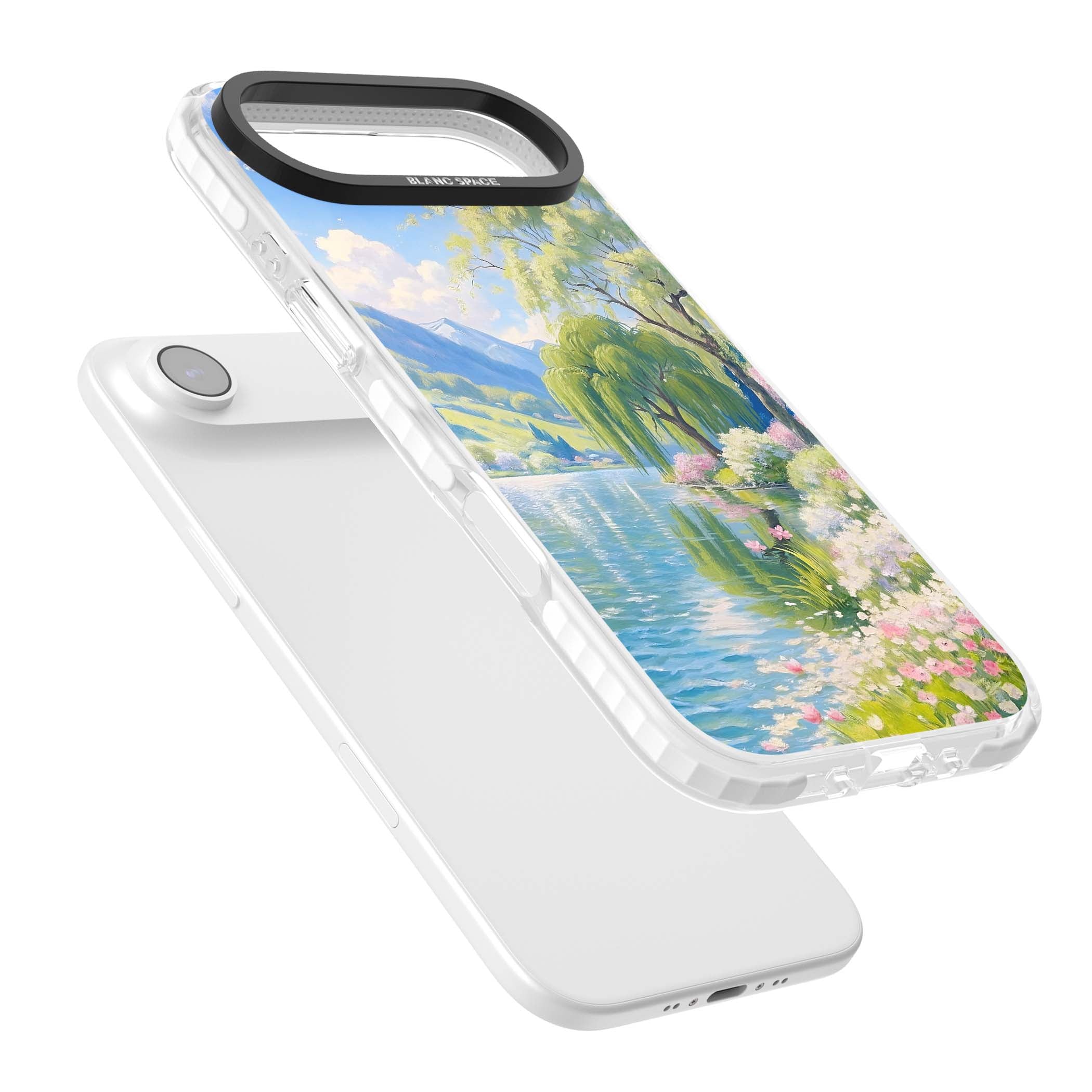 Willow Lake cottagecore iPhone case featuring a painted lakeside with weeping willow, blossoms and distant mountains | Impact Magsafe case for iPhone Air