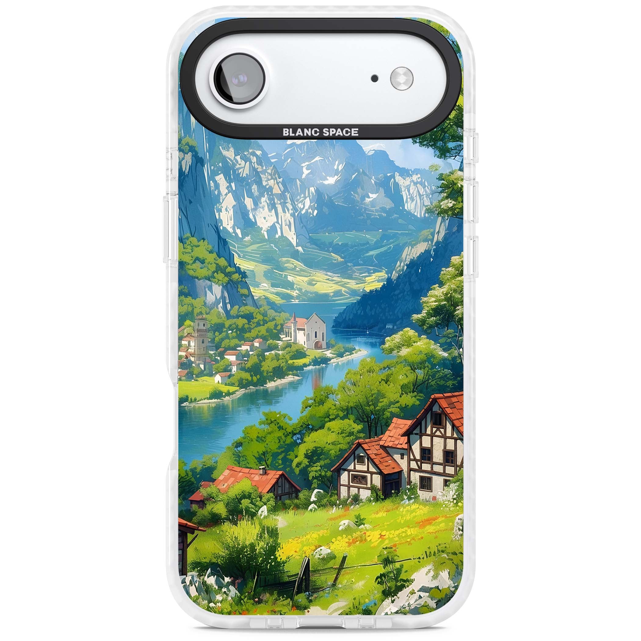 Village In The Valley anime iPhone case featuring a painted mountain village, river valley and half-timbered cottages. | Impact Magsafe case for iPhone Air