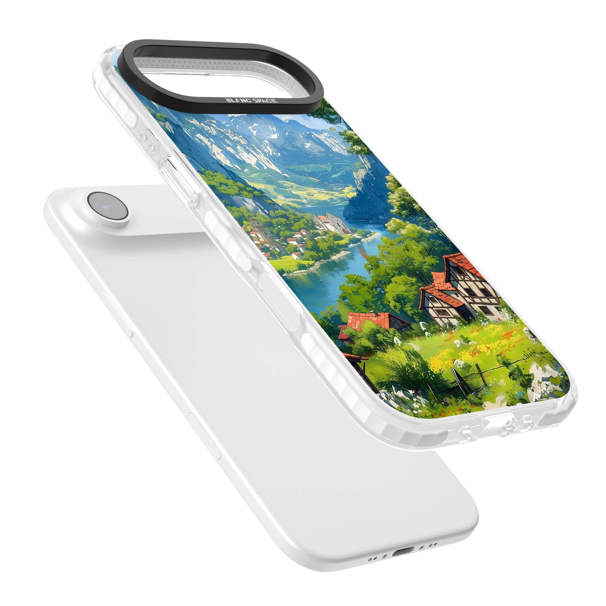 Village In The Valley anime iPhone case featuring a painted mountain village, river valley and half-timbered cottages. | Impact Magsafe case for iPhone Air