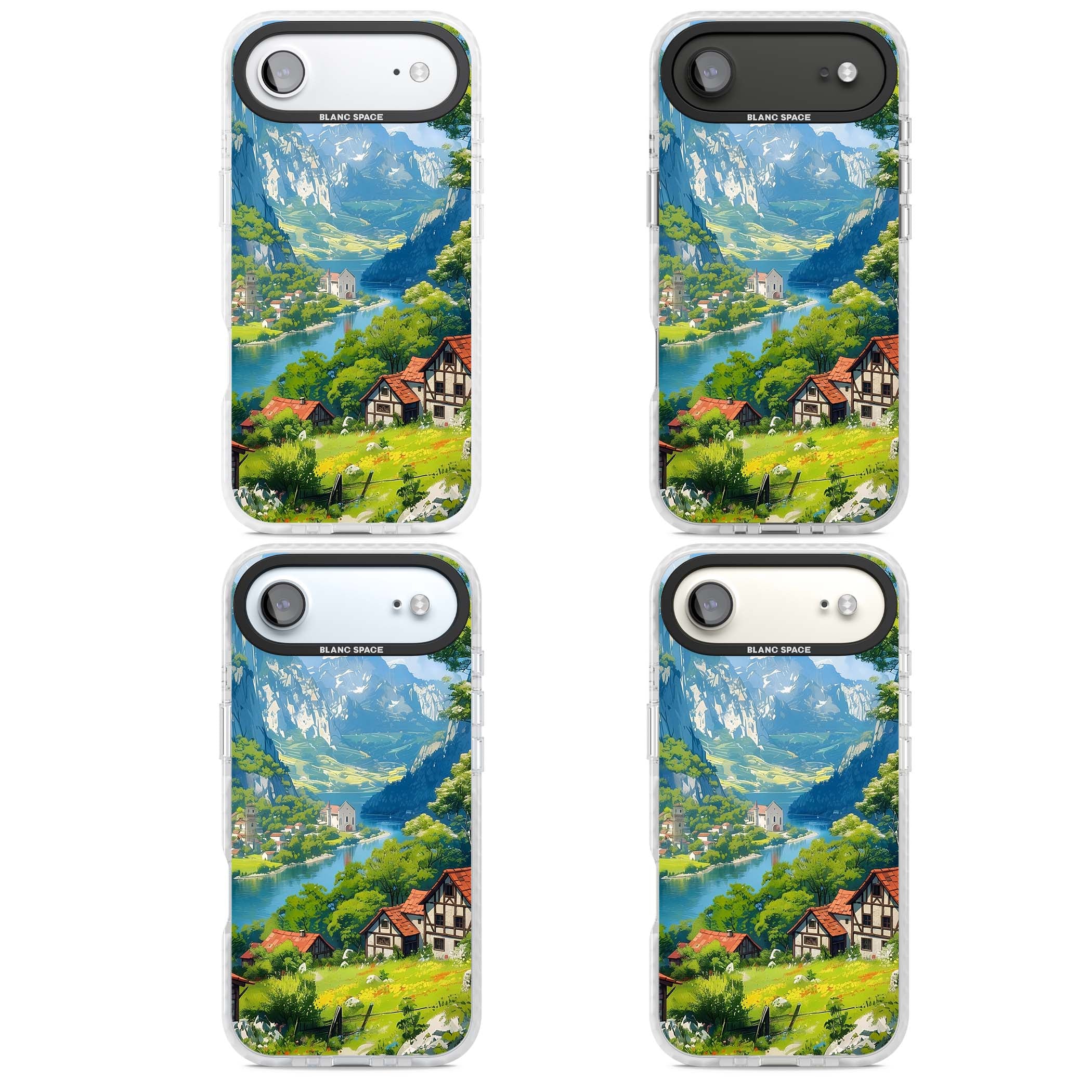 Village In The Valley anime iPhone case featuring a painted mountain village, river valley and half-timbered cottages. | Impact Magsafe case for iPhone Air