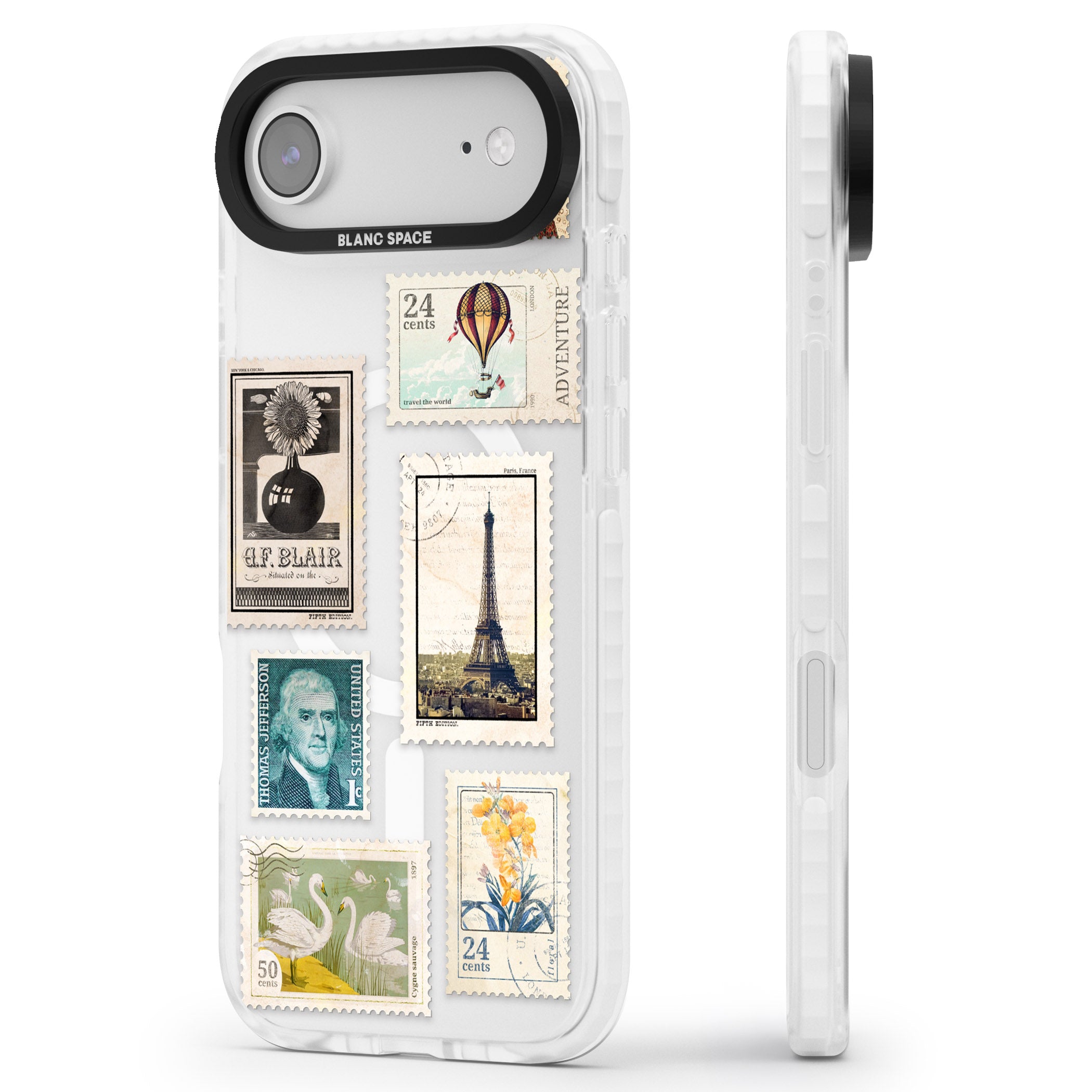 Vintage Stamps iPhone 17 Air Impact Pro Clear Phone Case Side Profile
