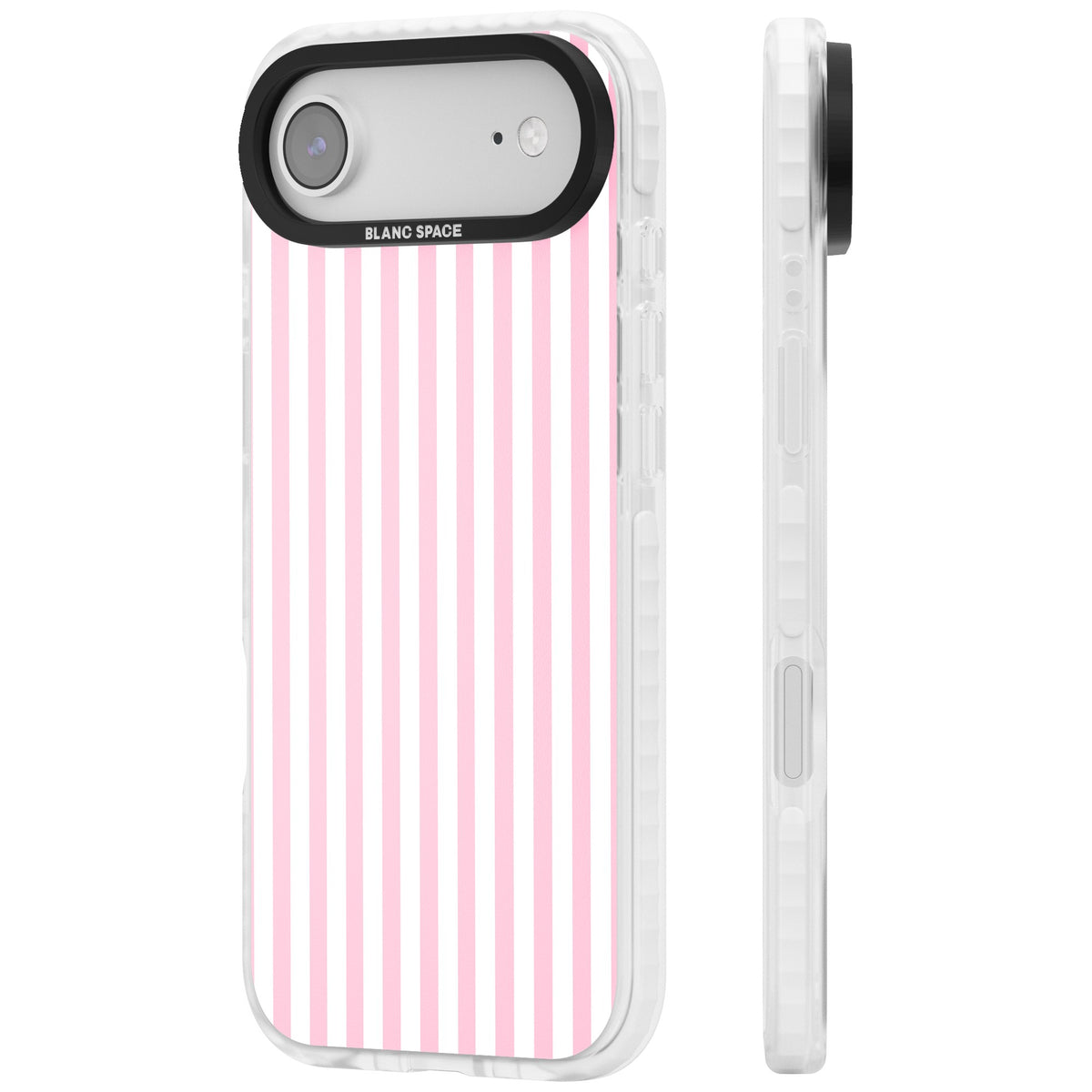Pink Stripe preppy iPhone case featuring soft pastel pink and white vertical candy stripes iPhone Air / iPhone 17 Air Impact Pro Clear Phone Case side