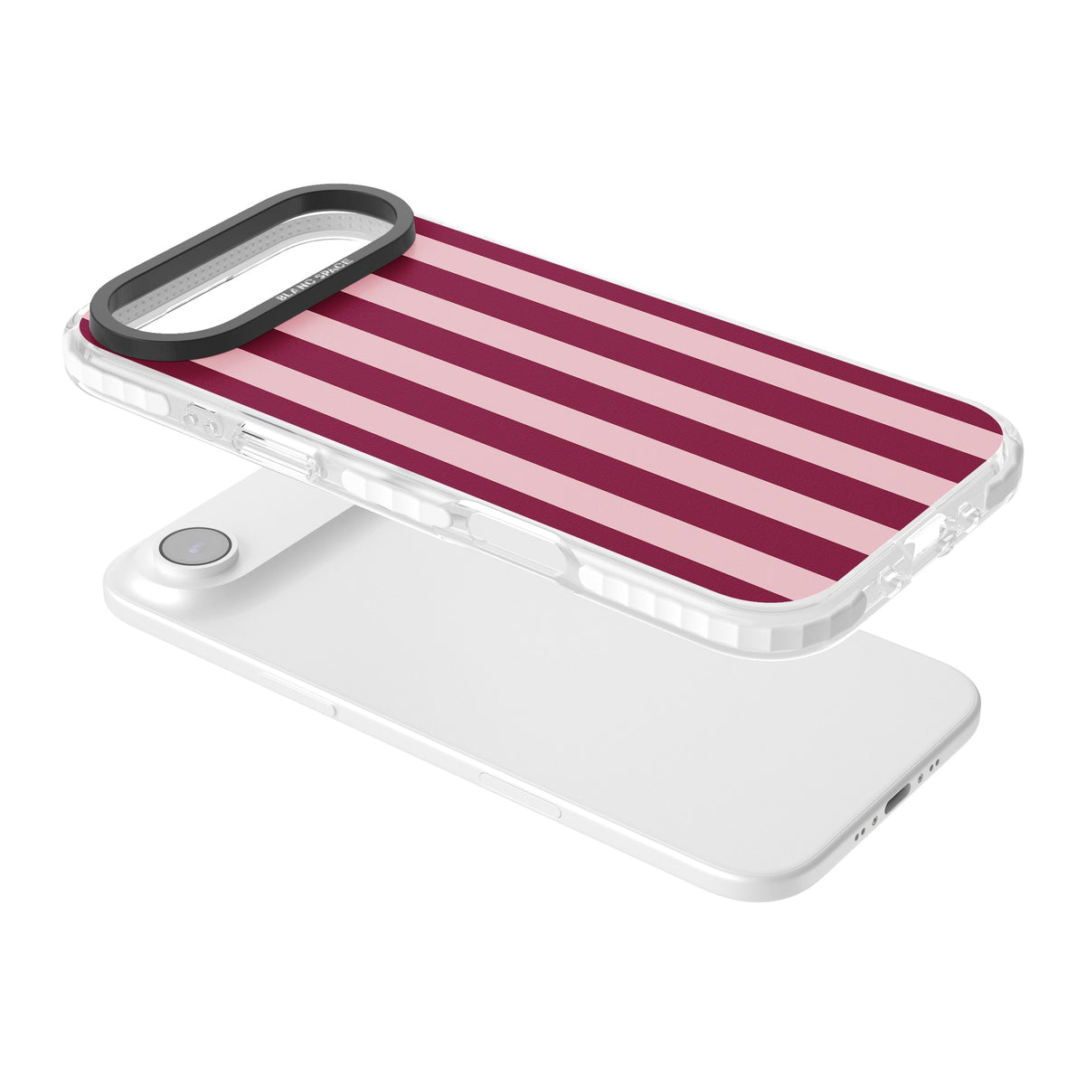 Bordeaux Belle preppy iPhone case featuring bold vertical stripes in burgundy and soft blush pink iPhone Air / iPhone 17 Air Impact Pro Clear Phone Case angled