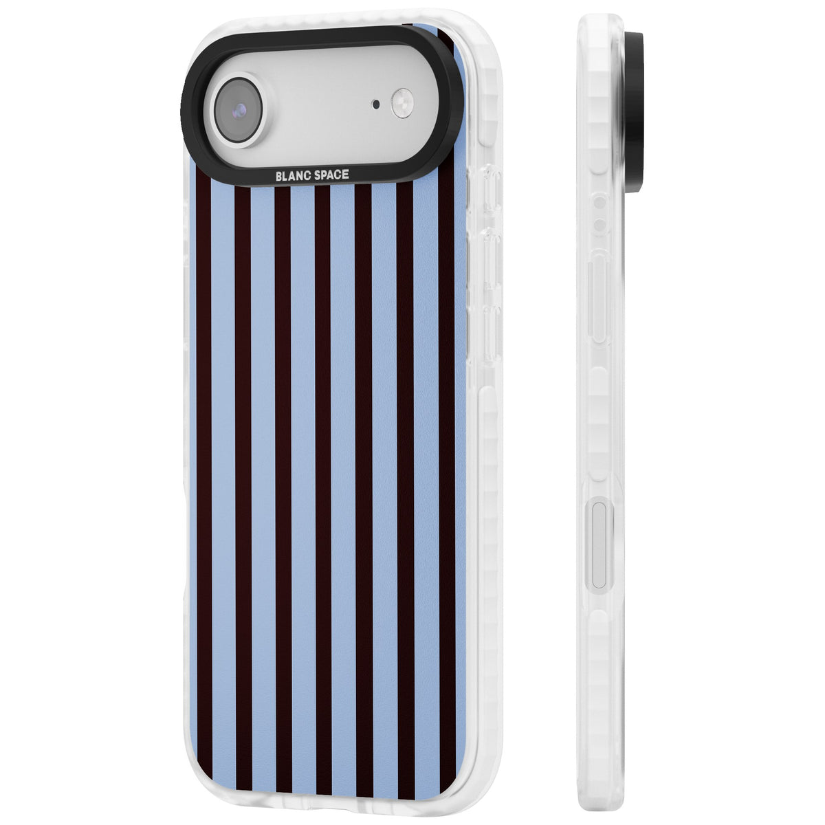 Blackcurrant Stripe preppy iPhone case featuring vertical burgundy and light blue stripes in a classic pinstripe layout iPhone Air / iPhone 17 Air Impact Pro Clear Phone Case side