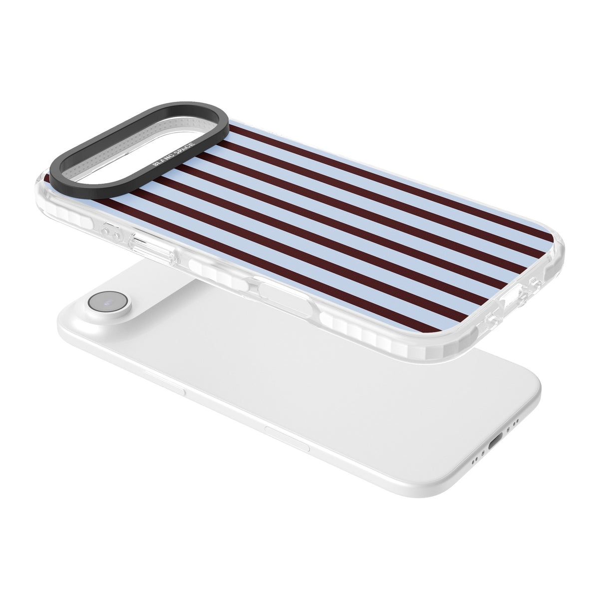 Blackcurrant Stripe preppy iPhone case featuring vertical burgundy and light blue stripes in a classic pinstripe layout iPhone Air / iPhone 17 Air Impact Pro Clear Phone Case angled