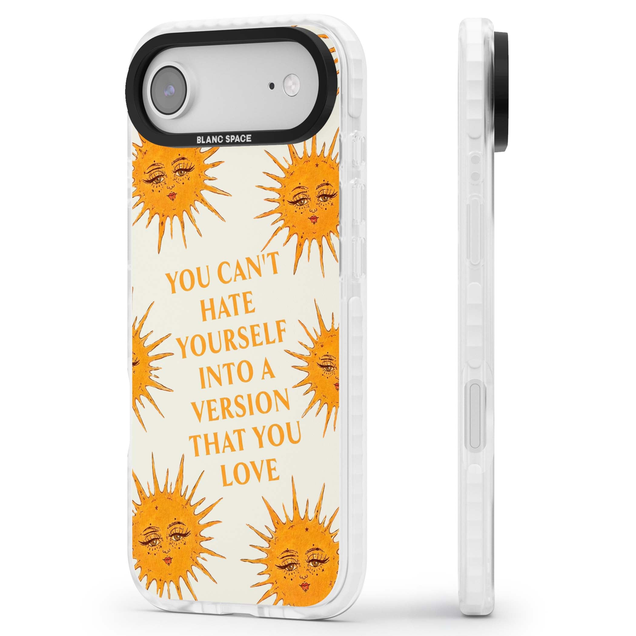 Don't Hate Yourself celestial iPhone case featuring vintage sun faces, ochre rays and a self-love quote | Impact Magsafe case for iPhone Air