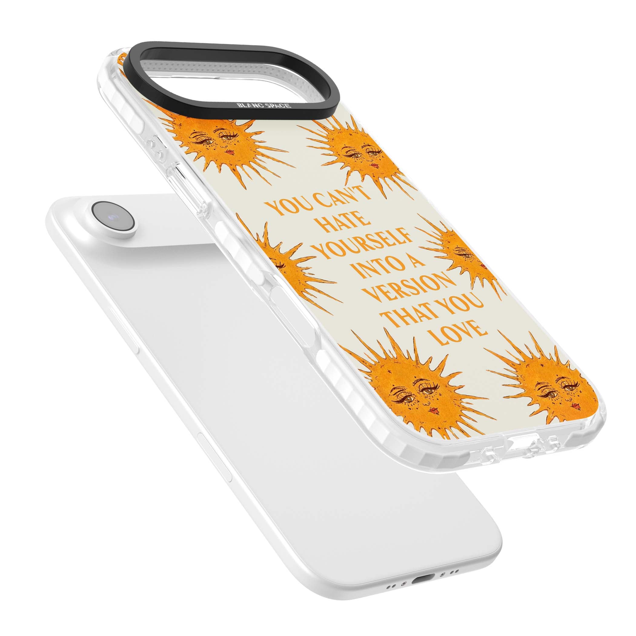 Don't Hate Yourself celestial iPhone case featuring vintage sun faces, ochre rays and a self-love quote | Impact Magsafe case for iPhone Air