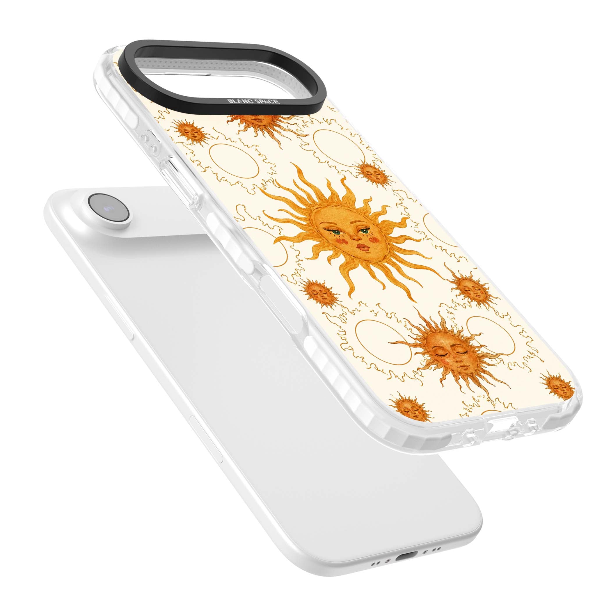 Solstice Muse celestial iPhone case featuring hand-painted golden sun faces, closed-eye sun goddesses and outlined moons... | Impact Magsafe case for iPhone Air