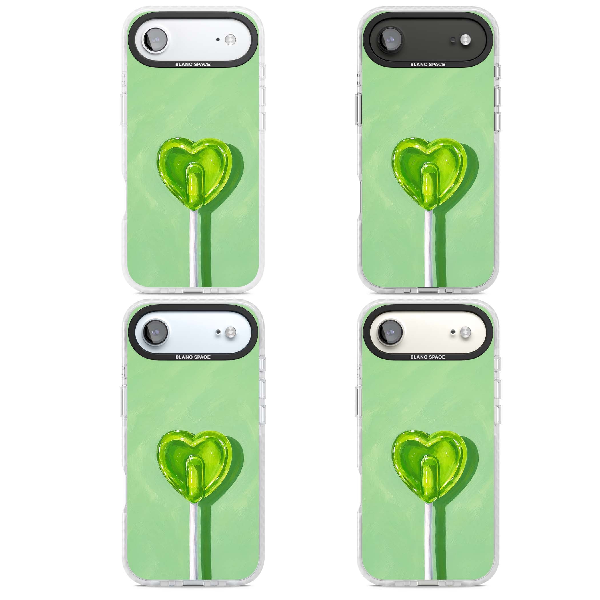 Green Lollipop candy art iPhone case featuring a glossy green heart-shaped lollipop on a painted pastel green background | Impact Magsafe case for iPhone Air