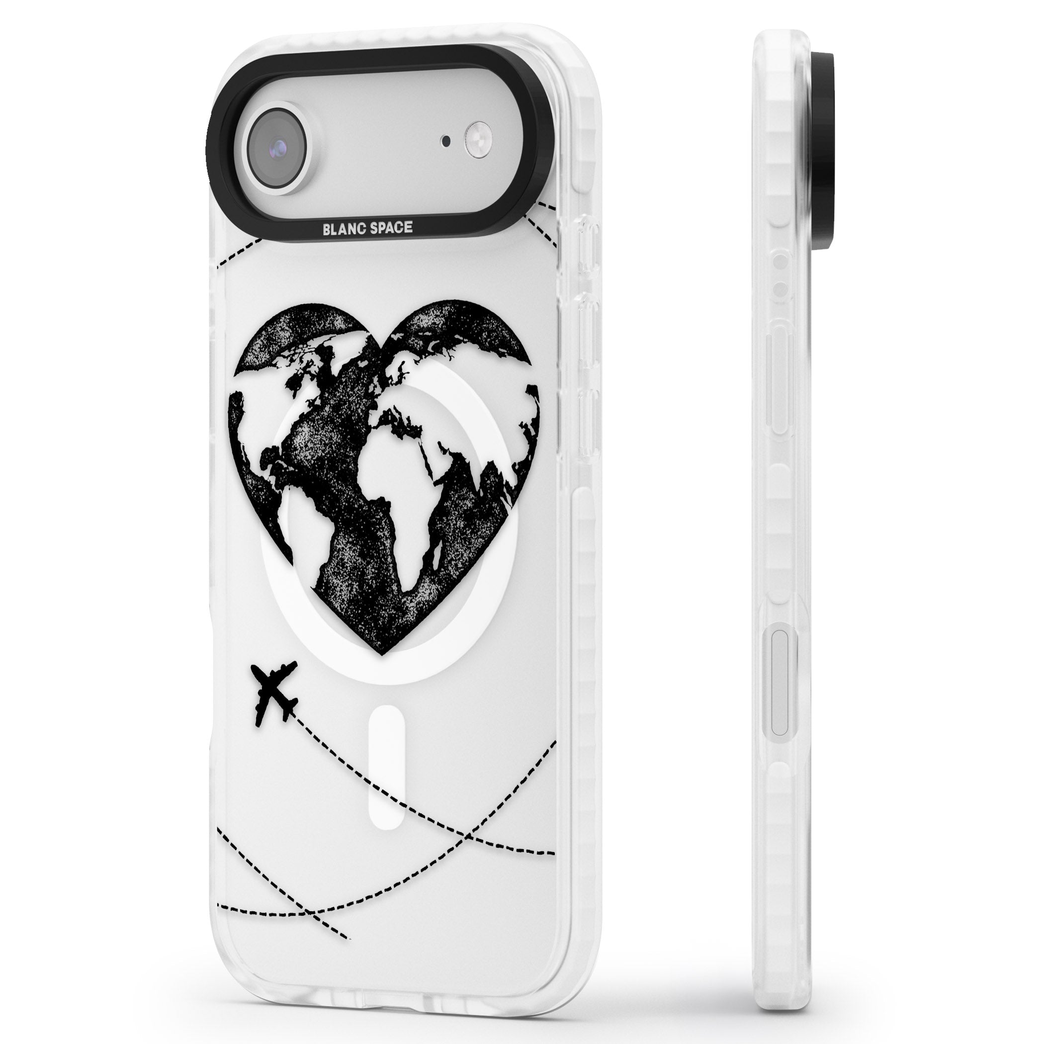 Globe Heart iPhone 17 Air Impact Pro Clear Phone Case Side Profile