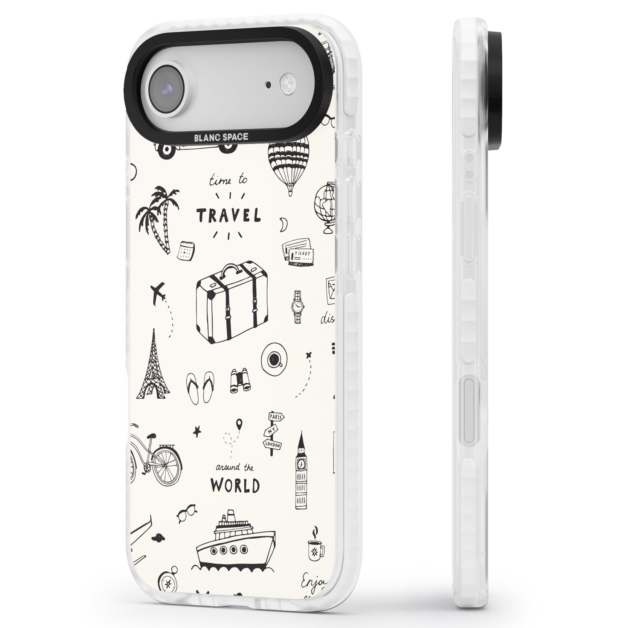 Cute Travel Pattern, White On iPhone 17 Air Impact Pro Clear Phone Case Side Profile