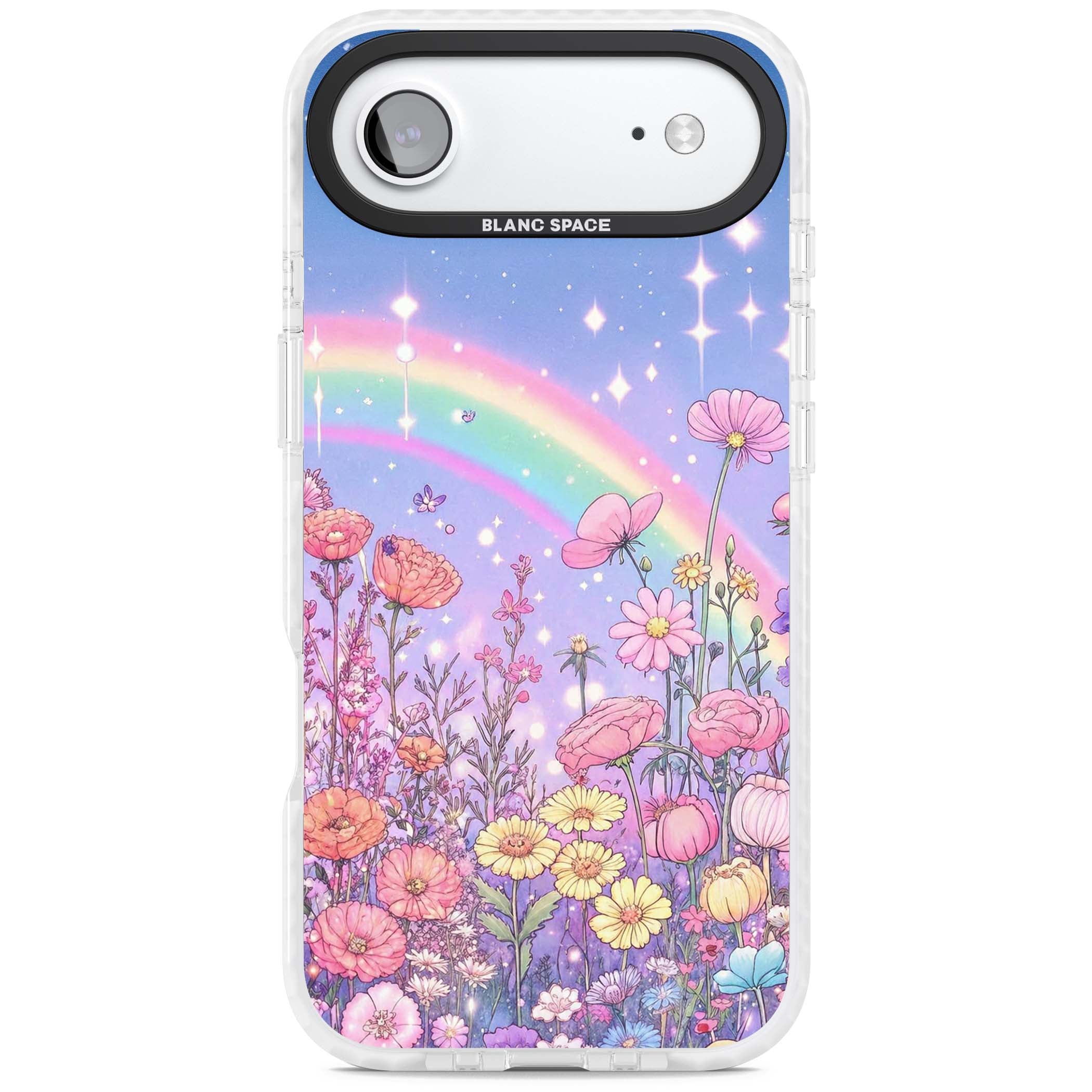 Magical Meadow fairycore iPhone case featuring a pastel rainbow, sparkling stars and a wildflower meadow | Black Impact case for iPhone Air
