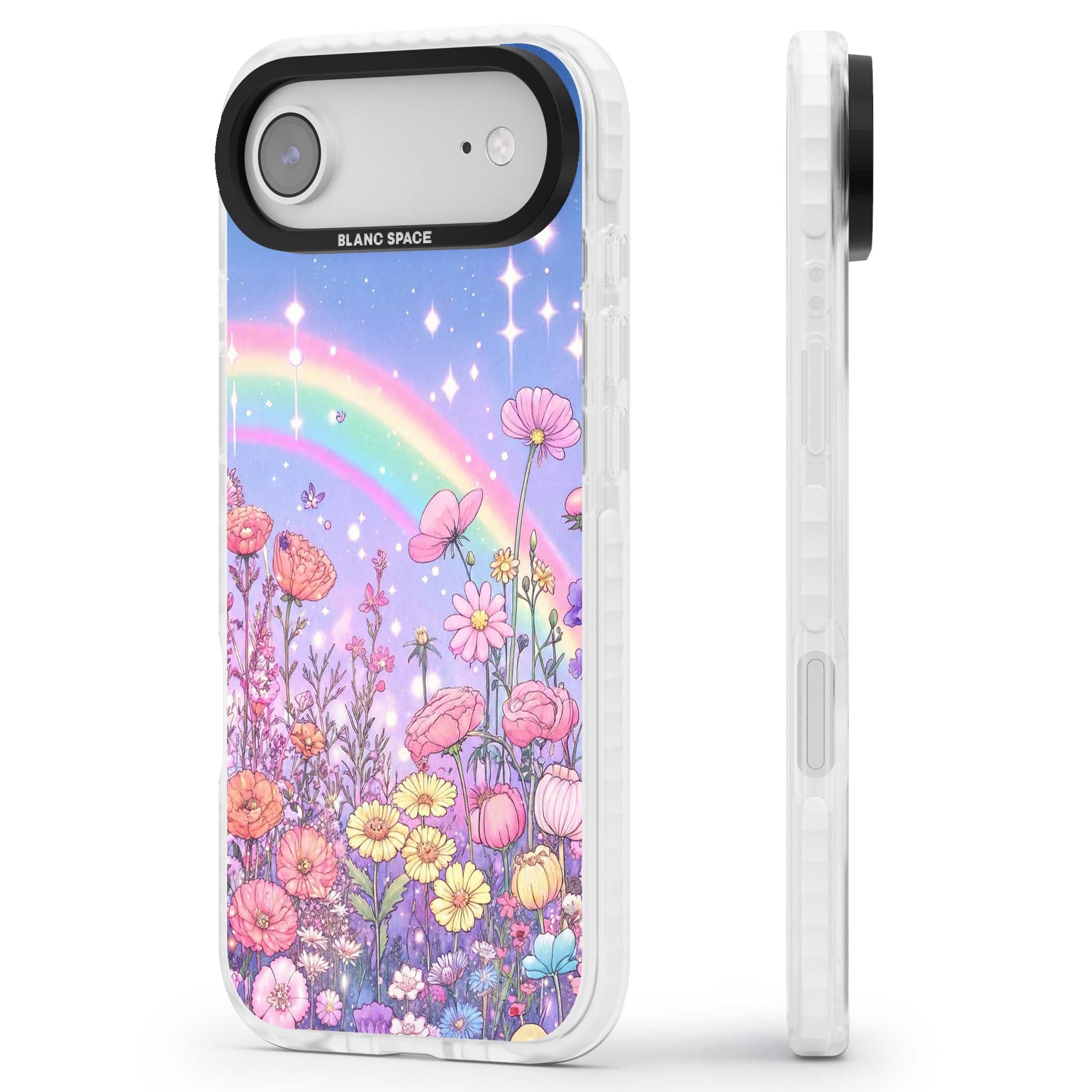 Magical Meadow fairycore iPhone case featuring a pastel rainbow, sparkling stars and a wildflower meadow | Black Impact case for iPhone Air
