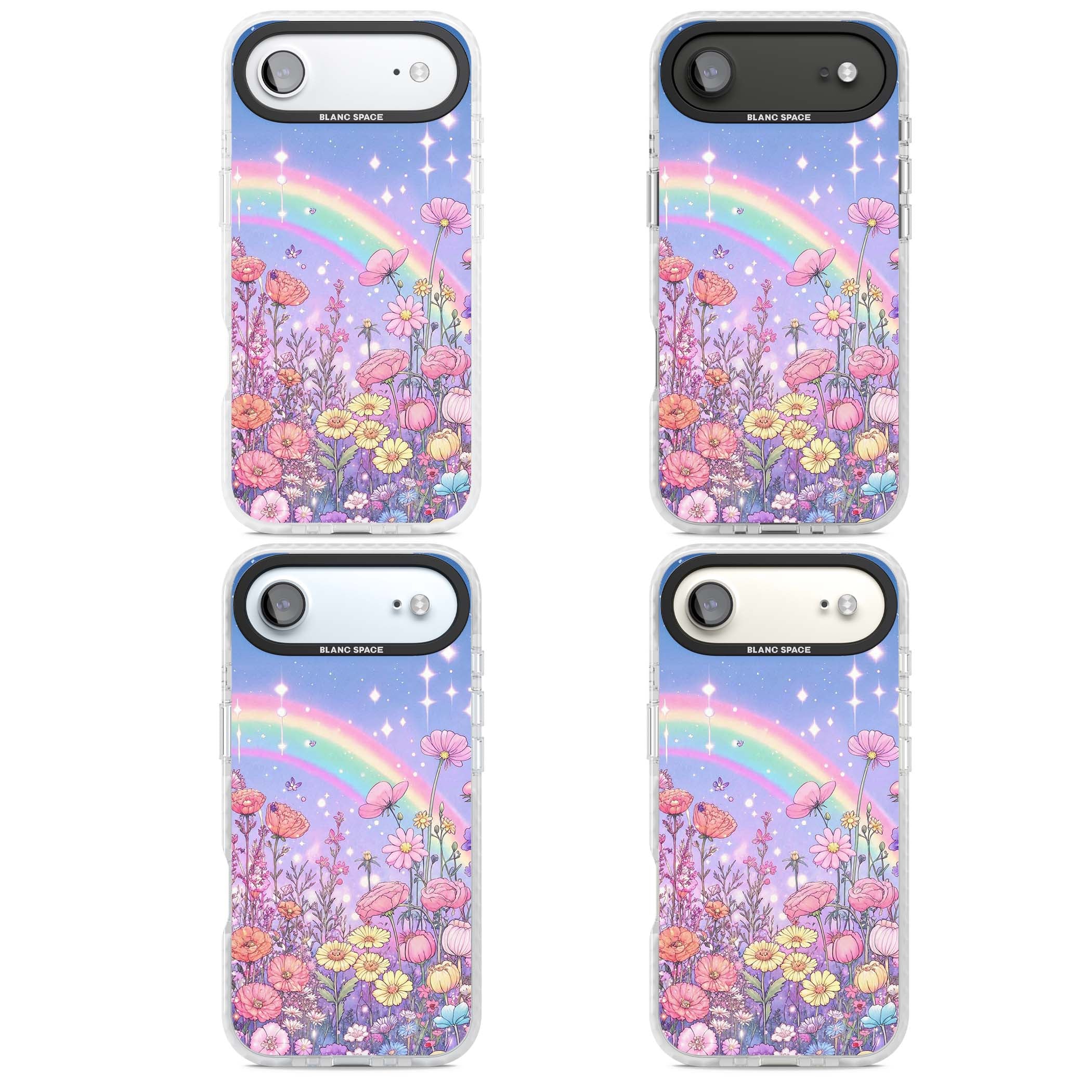 Magical Meadow fairycore iPhone case featuring a pastel rainbow, sparkling stars and a wildflower meadow | Black Impact case for iPhone Air