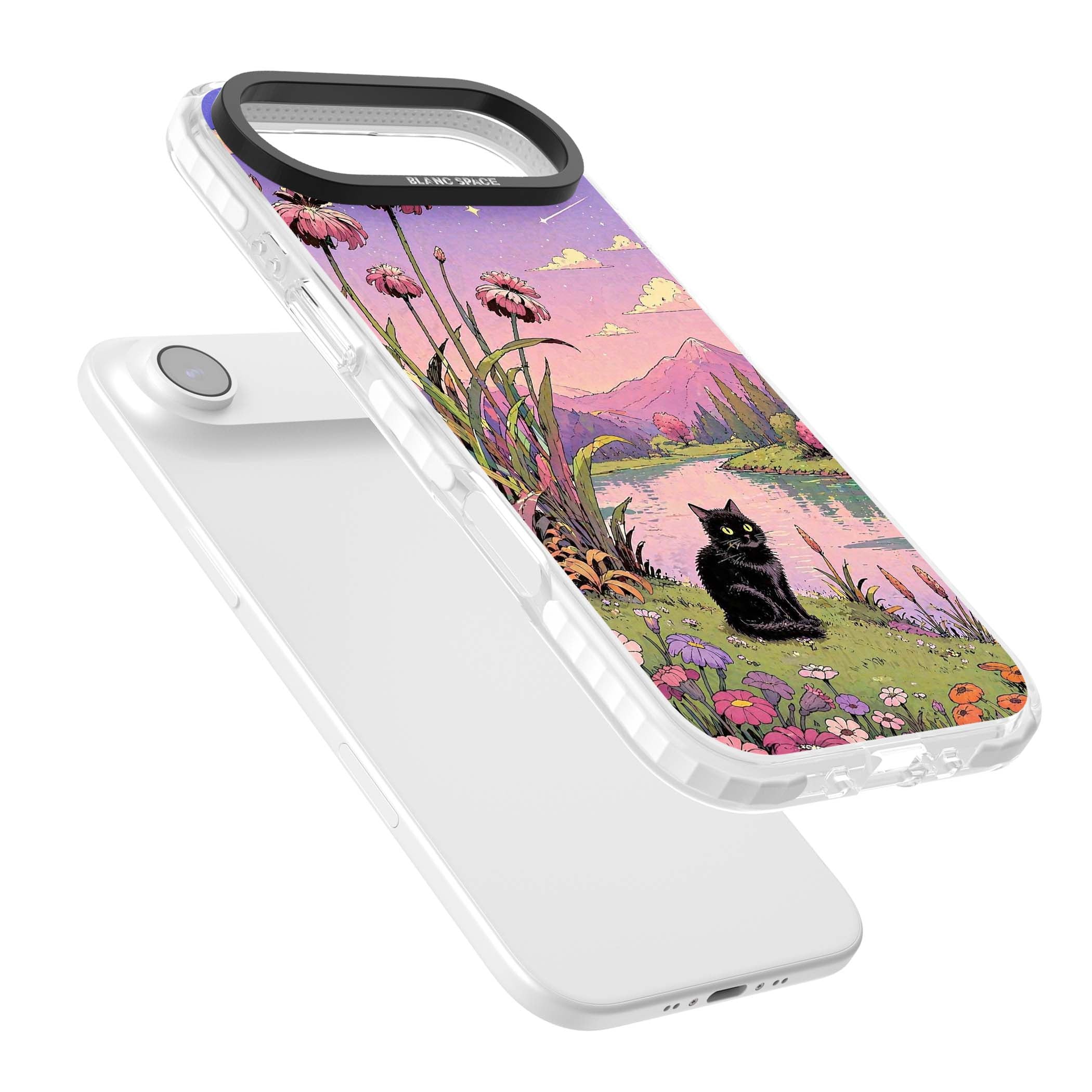 Mystic Whiskers ghibli iPhone case featuring a black cat by a pastel lake, wildflowers and a starry sunset sky | Black Impact case for iPhone Air