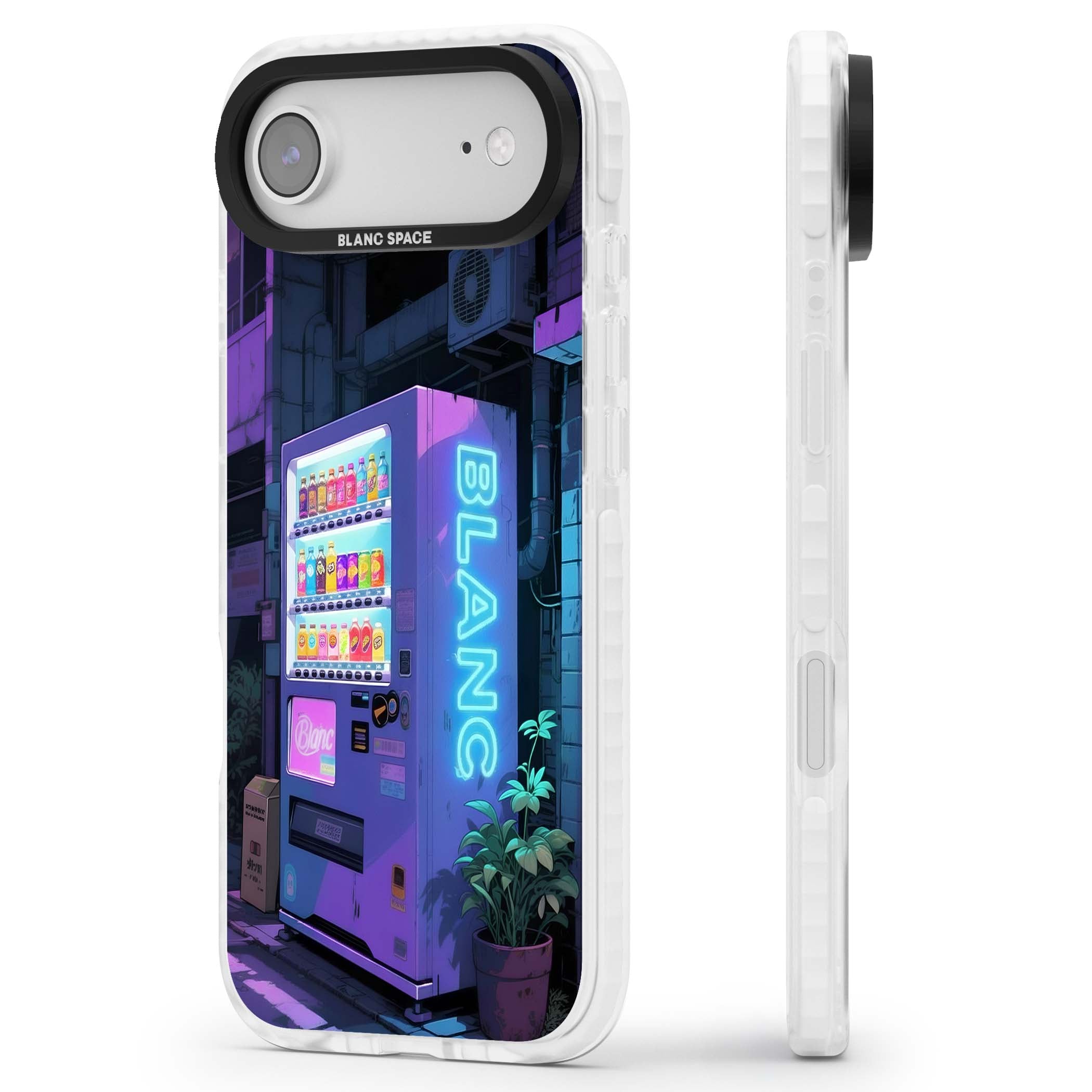 Shibuya Glow Japanese iPhone case featuring a glowing Tokyo vending machine, neon signage, and moody purple alleyway | Black Impact case for iPhone Air