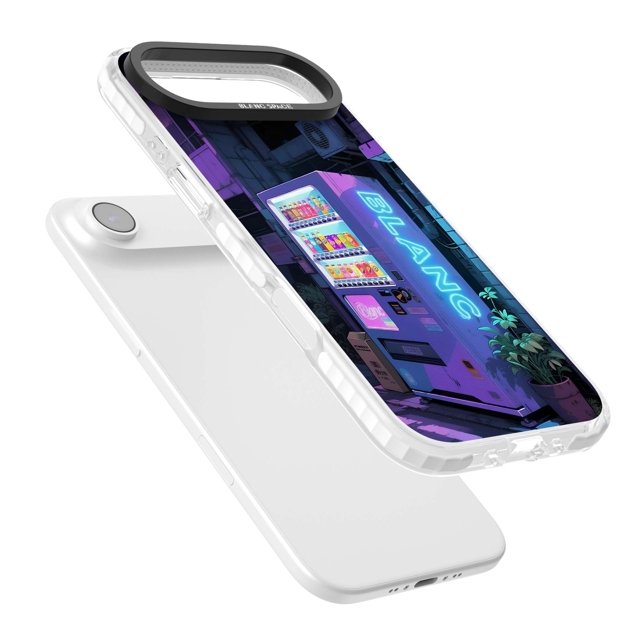 Shibuya Glow Japanese iPhone case featuring a glowing Tokyo vending machine, neon signage, and moody purple alleyway | Black Impact case for iPhone Air
