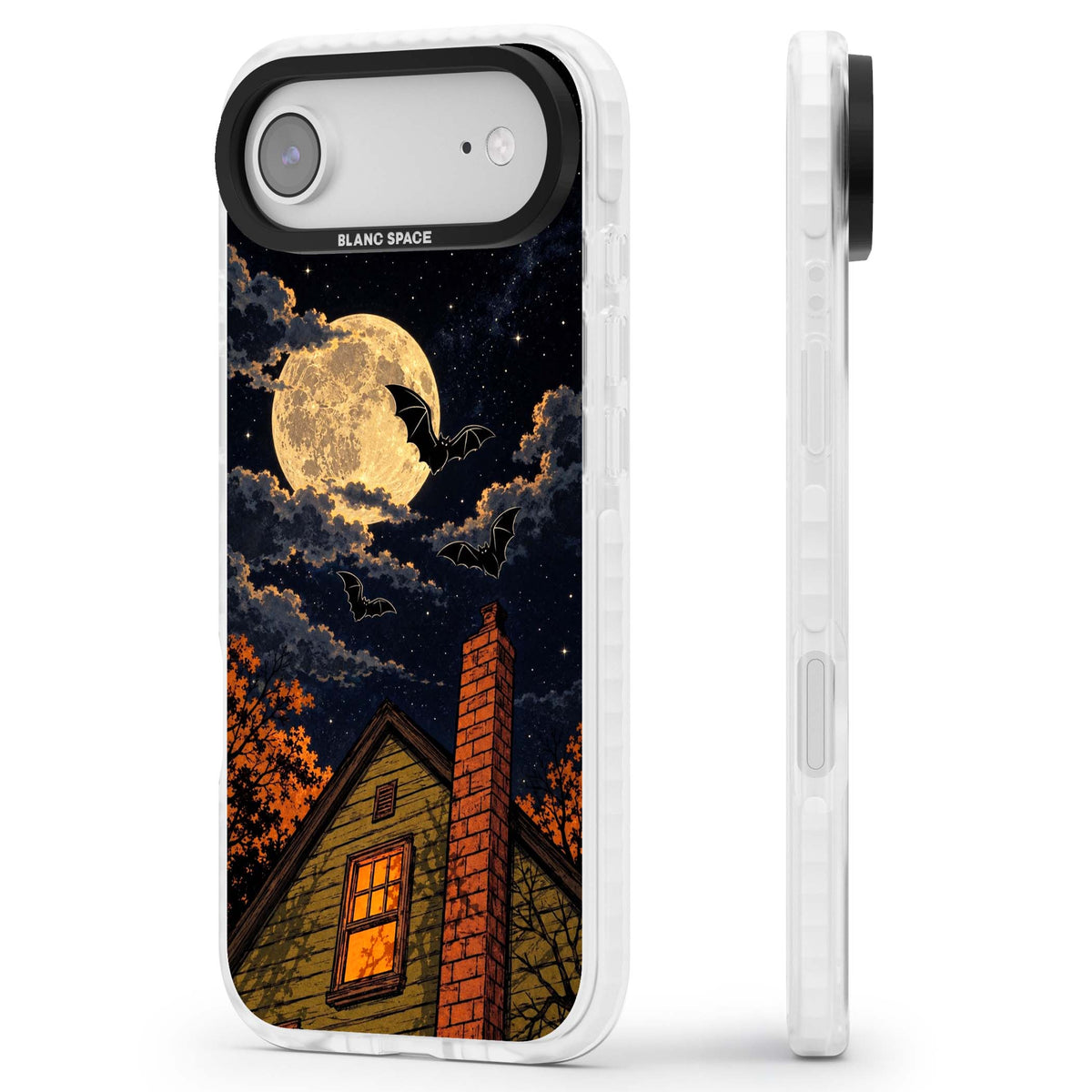 Hollows Eve Halloween iPhone case featuring a haunted house, full moon and flying bats against a starry autumn sky | Black Impact case for iPhone Air