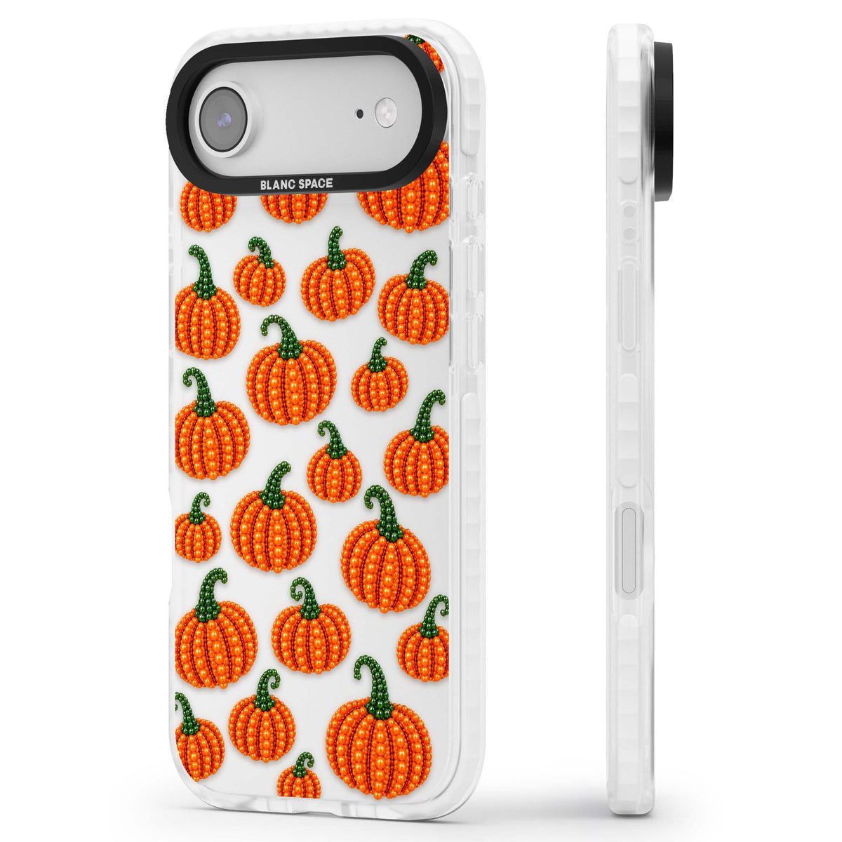 Beaded Pumpkins halloween iPhone case featuring beaded orange pumpkins with green stems on a clear background | Black Impact case for iPhone Air