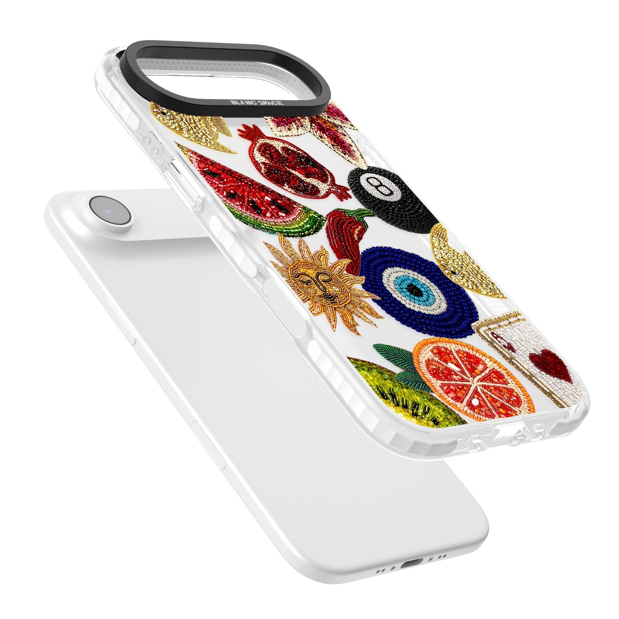 Beaded Charms embroidery iPhone case featuring beaded evil eye, fruit patches and a golden sun motif | Black Impact case for iPhone Air
