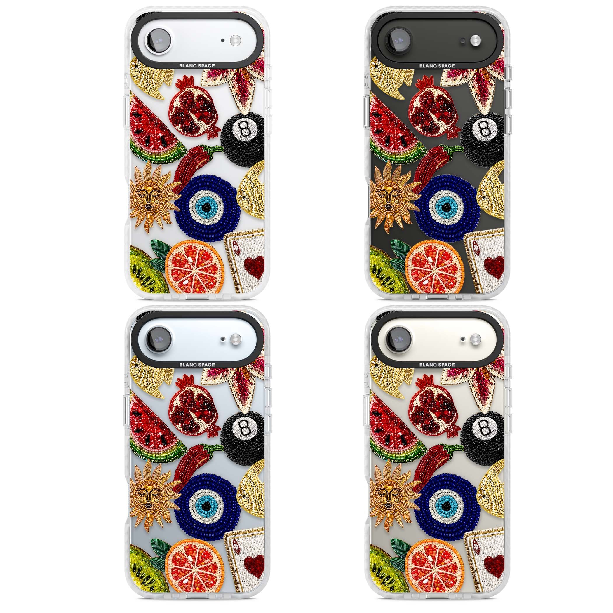 Beaded Charms embroidery iPhone case featuring beaded evil eye, fruit patches and a golden sun motif | Black Impact case for iPhone Air