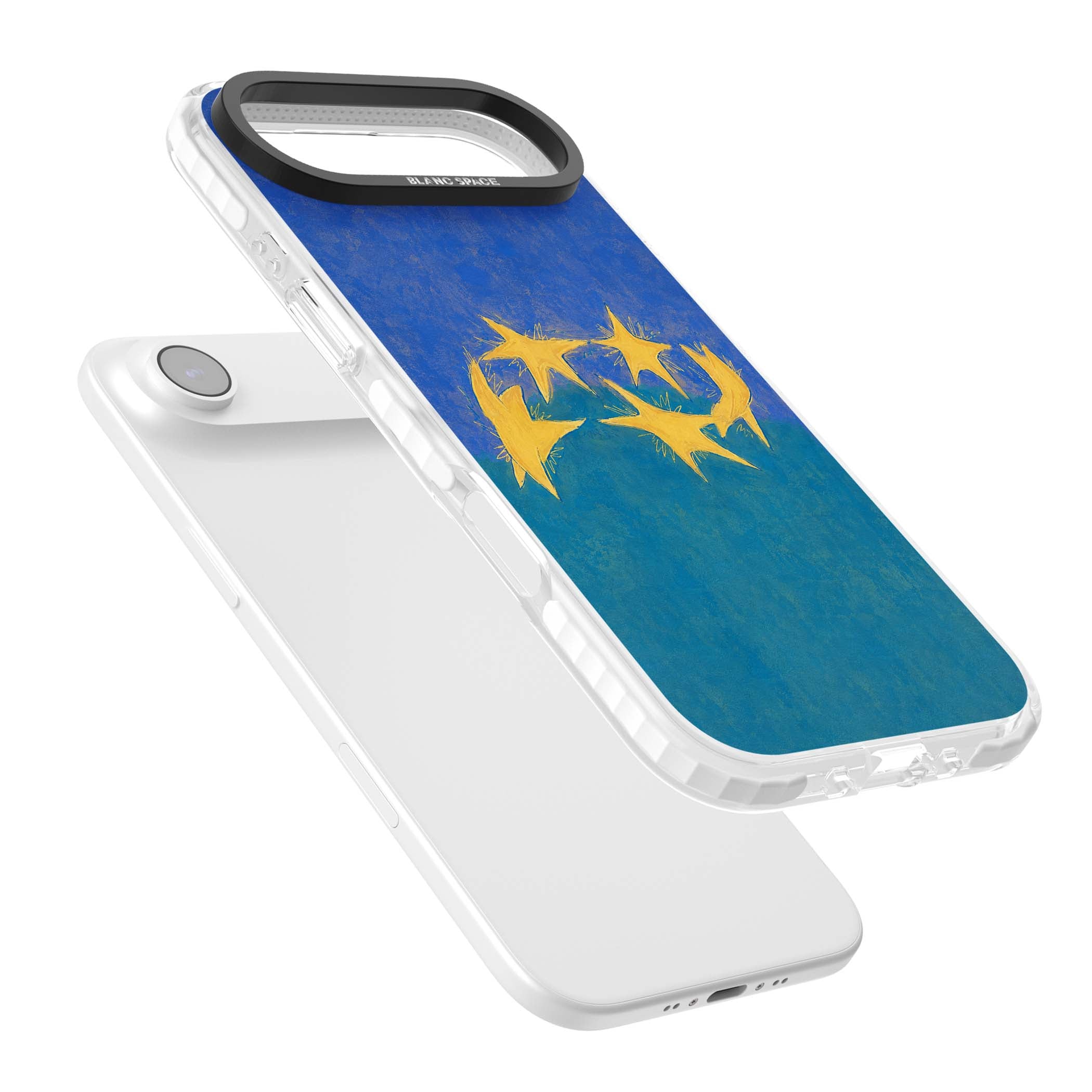 Star Boogie stars aesthetic iPhone case featuring five yellow hand-painted stars on cobalt blue and teal | Black Impact case for iPhone Air