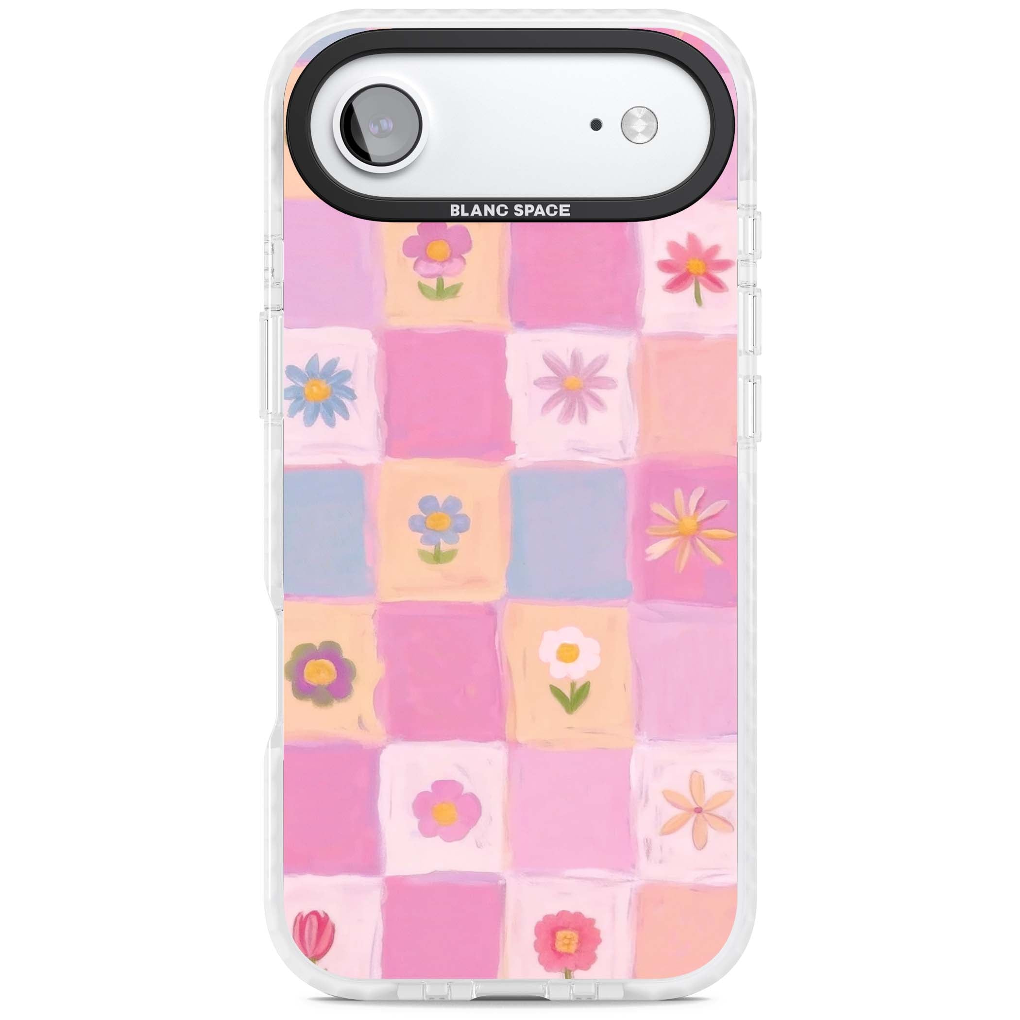Pastel Flower Patchwork cottagecore iPhone case featuring painted pink and lilac squares with daisies and wildflowers | Black Impact case for iPhone Air