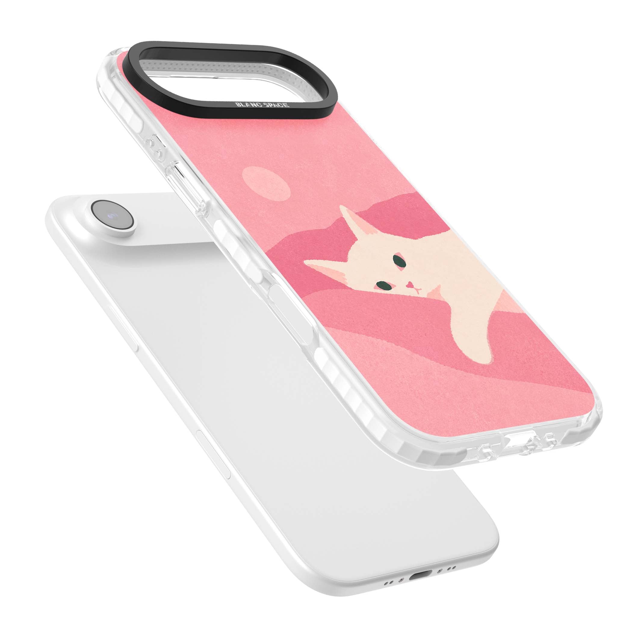 Pink Dreams cute cat iPhone case featuring a white kitten, soft pink hills and a pale pastel sun | Black Impact case for iPhone Air