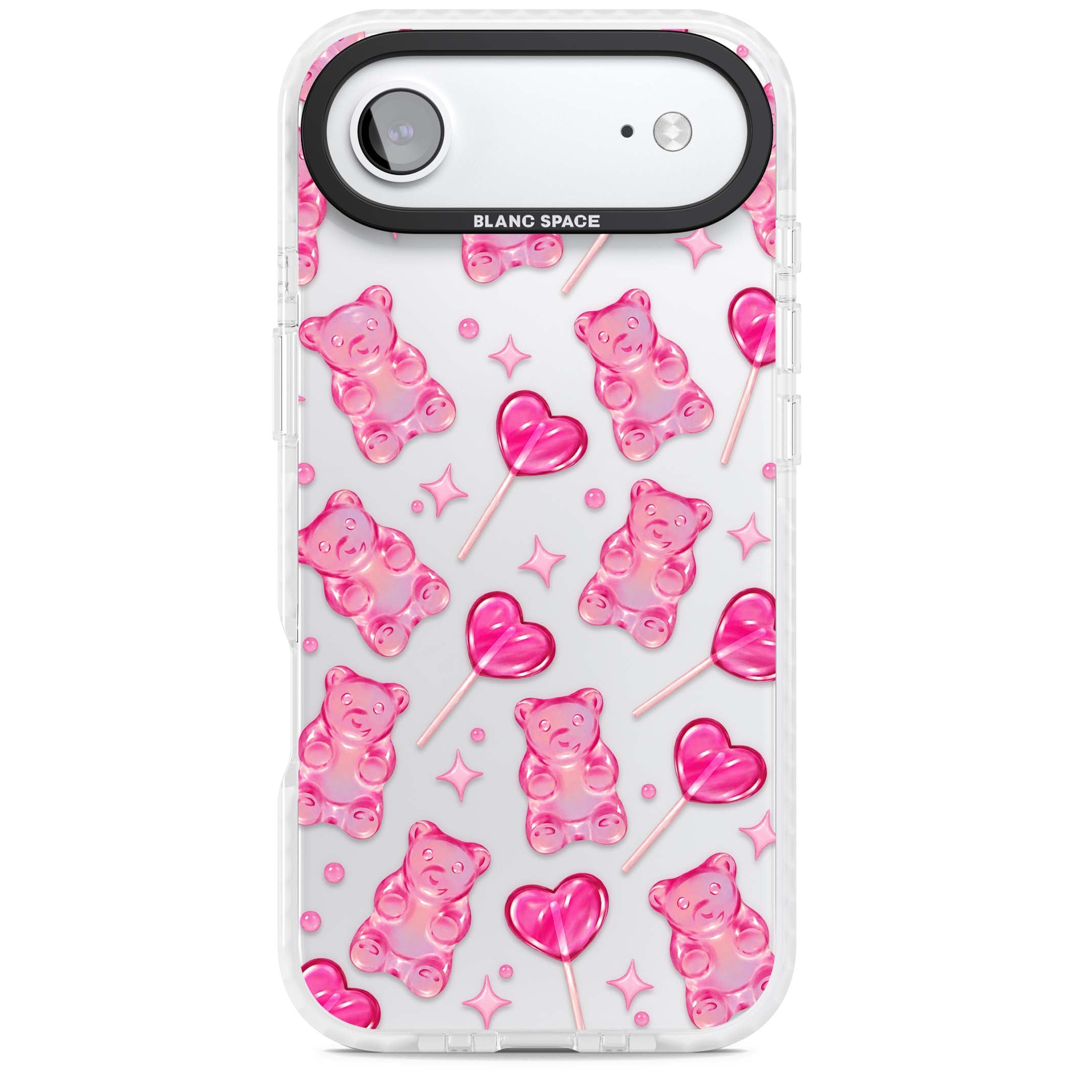 Pink Sugar pinkcore iPhone case featuring pink gummy bears, heart-shaped lollipops and sparkle stars | Black Impact case for iPhone Air