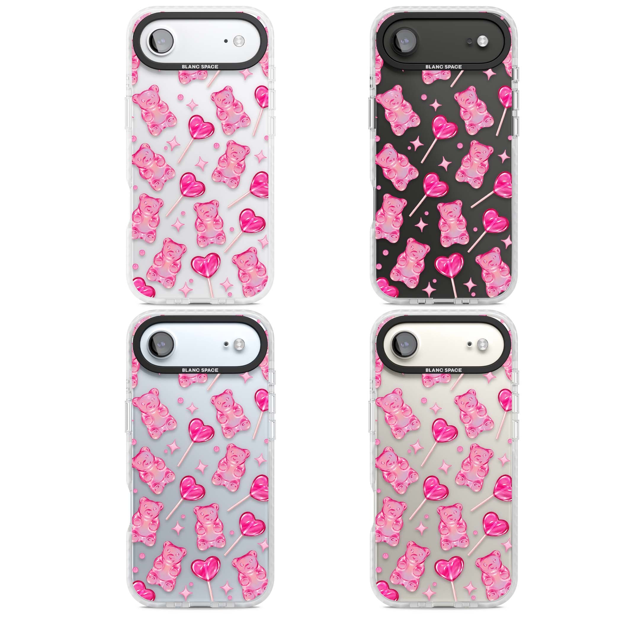 Pink Sugar pinkcore iPhone case featuring pink gummy bears, heart-shaped lollipops and sparkle stars | Black Impact case for iPhone Air