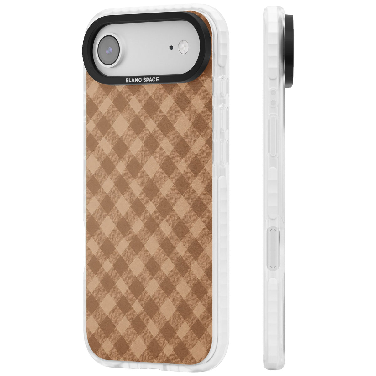 Beige Gingham cottagecore iPhone case featuring diagonal brown gingham checks in soft beige and toffee tones iPhone Air / iPhone 17 Air Impact Clear Phone Case side